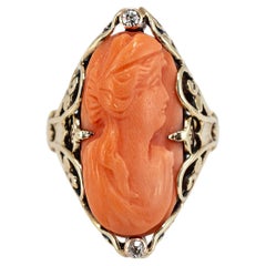 Handmade Vintage 14K Yellow Gold Carved Salmon Coral Cameo Diamond Cocktail Ring