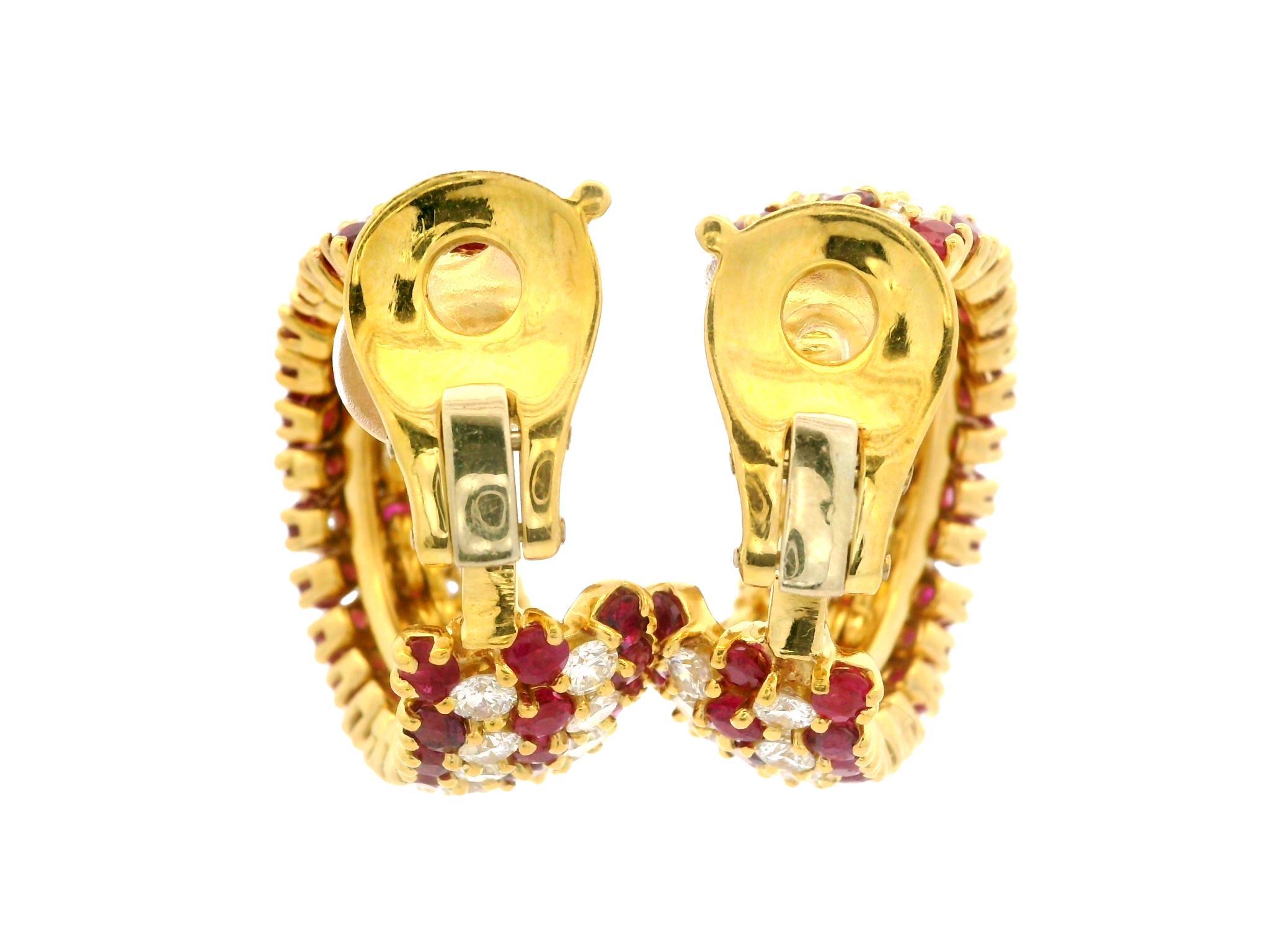 Handmade Vintage 18k Gold 20ctw Ruby & Diamond Substantial Cuff Hoop Earrings For Sale 5