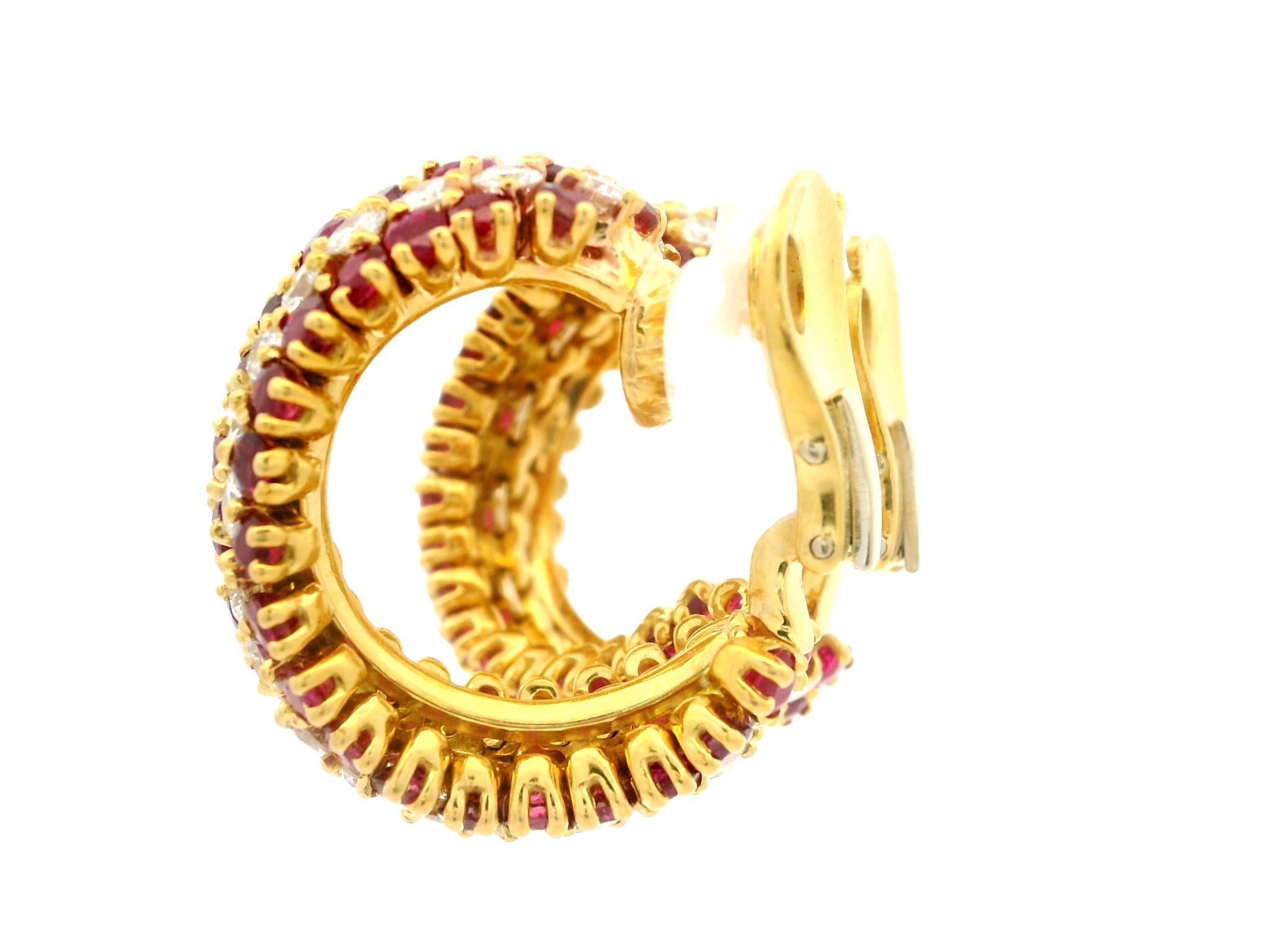 Handmade Vintage 18k Gold 20ctw Ruby & Diamond Substantial Cuff Hoop Earrings For Sale 6