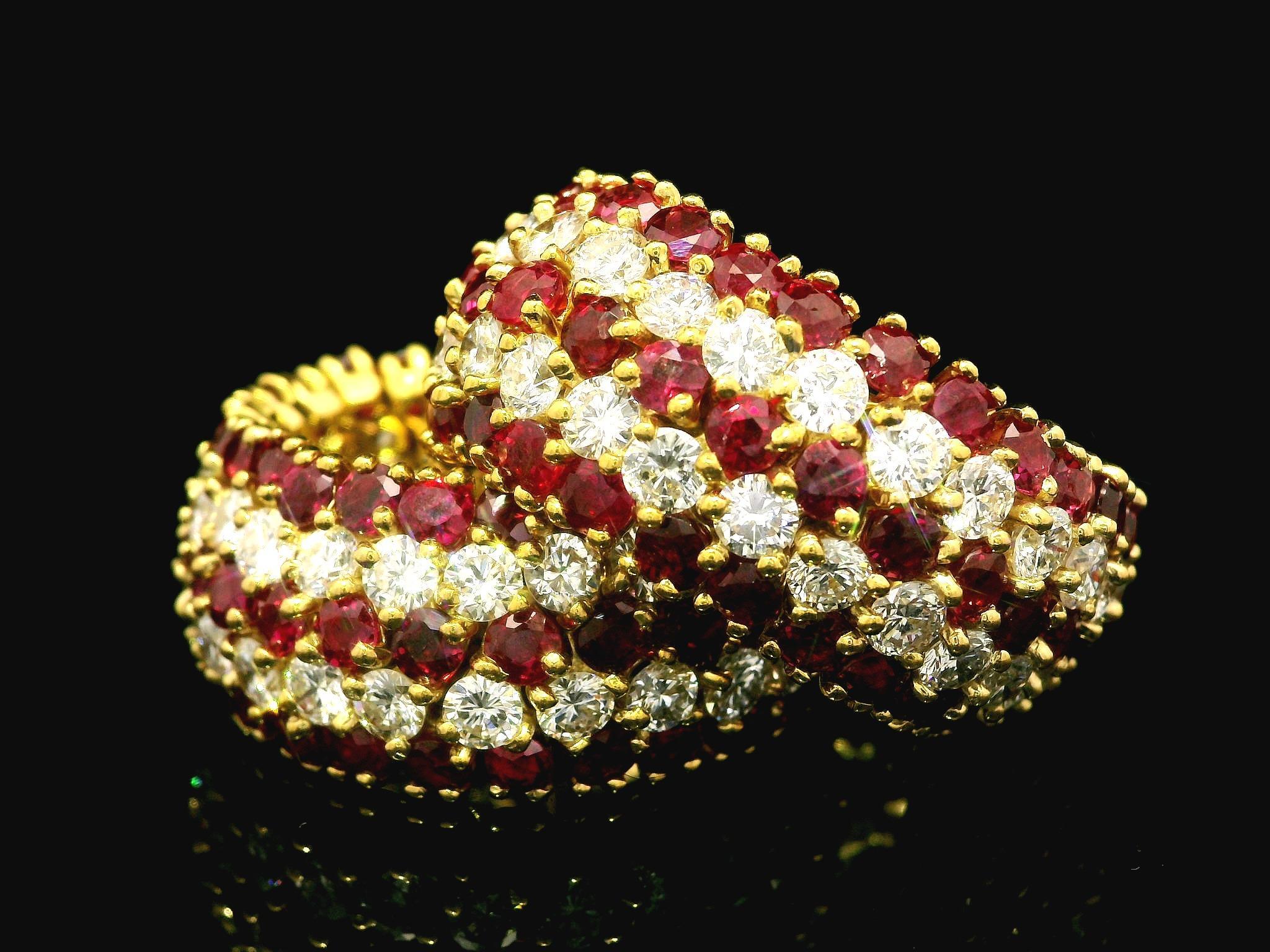 Handmade Vintage 18k Gold 20ctw Ruby & Diamond Substantial Cuff Hoop Earrings For Sale 7