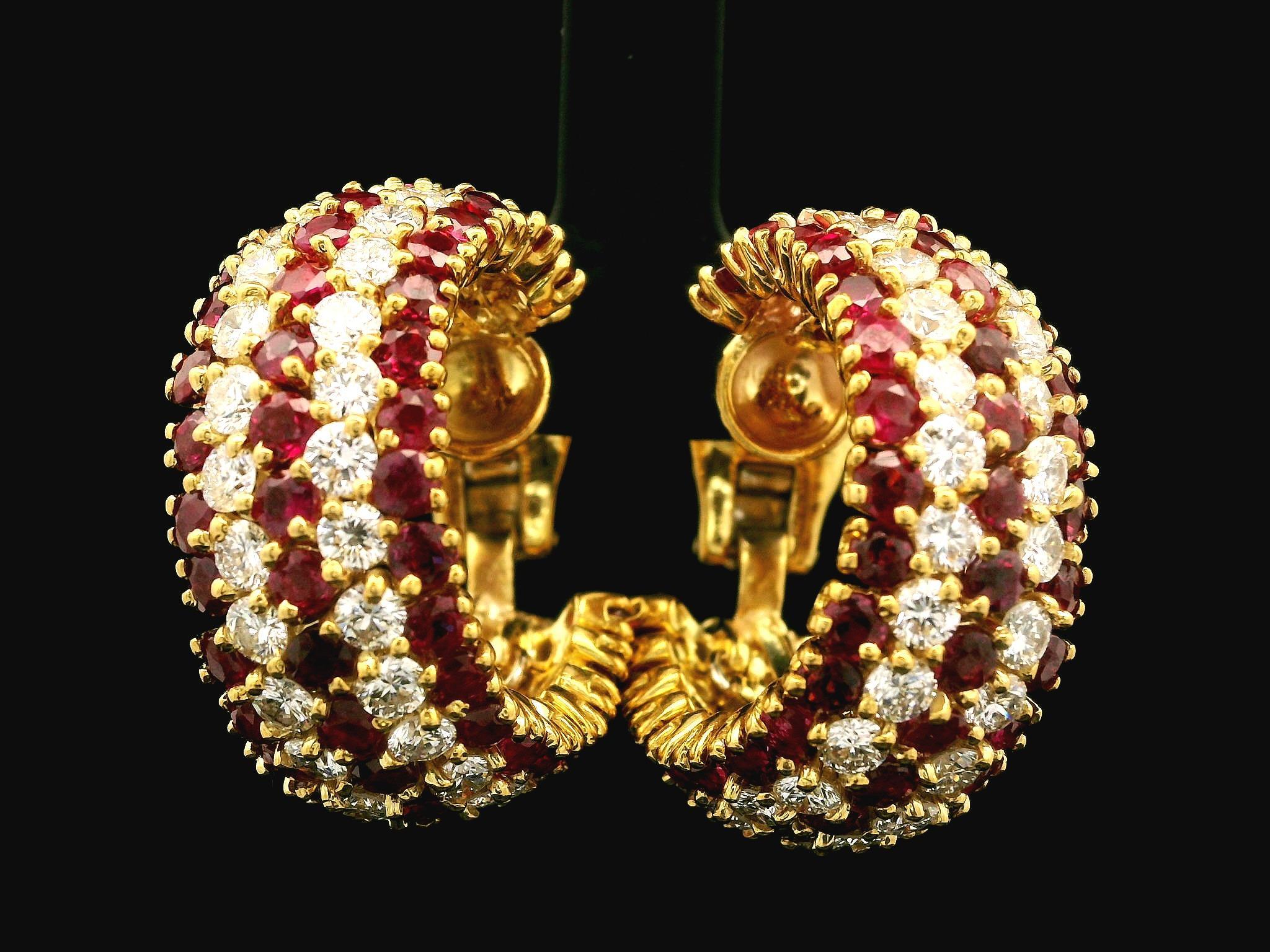 Handmade Vintage 18k Gold 20ctw Ruby & Diamond Substantial Cuff Hoop Earrings For Sale 8