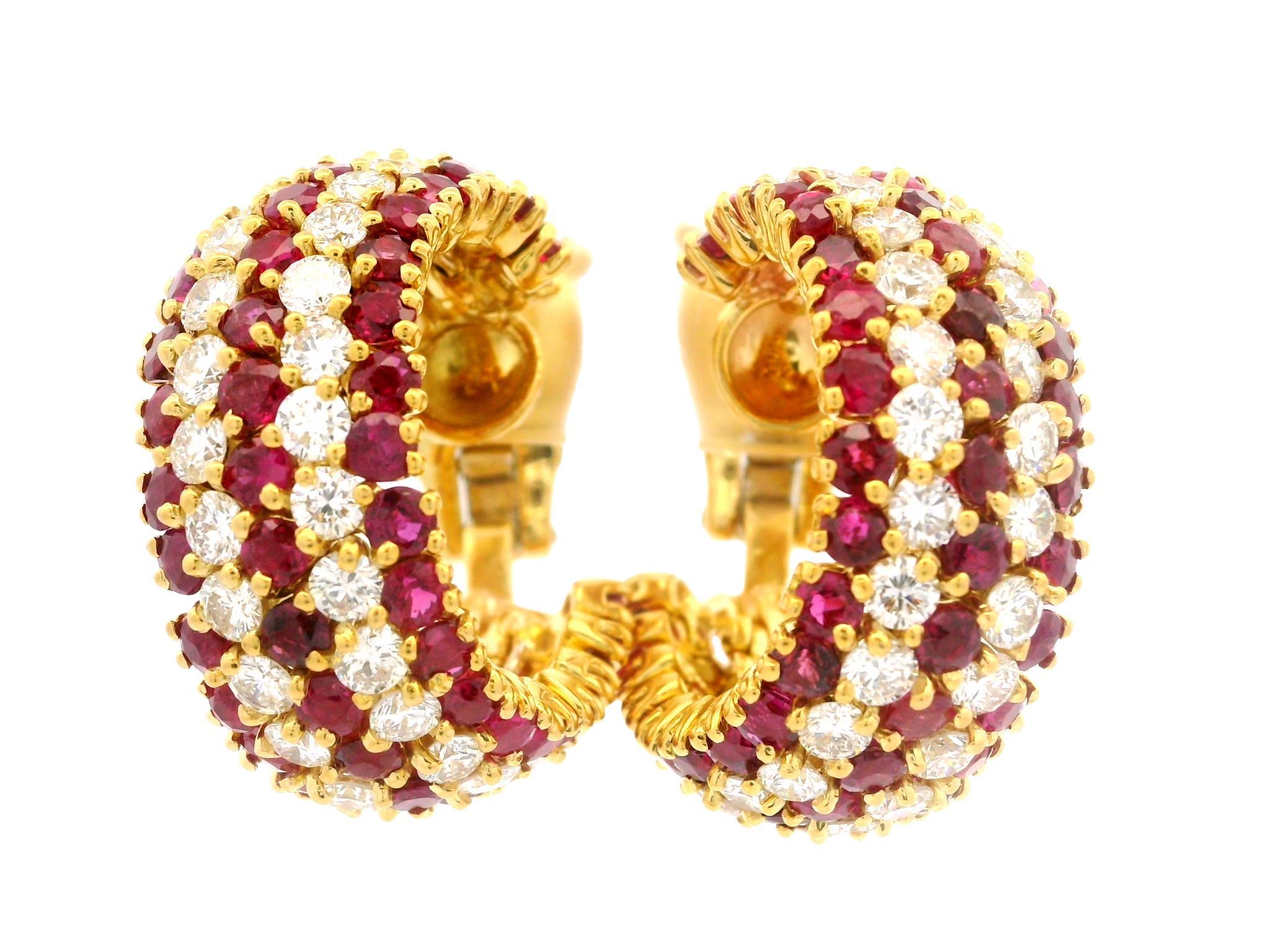 Handmade Vintage 18k Gold 20ctw Ruby & Diamond Substantial Cuff Hoop Earrings For Sale 9