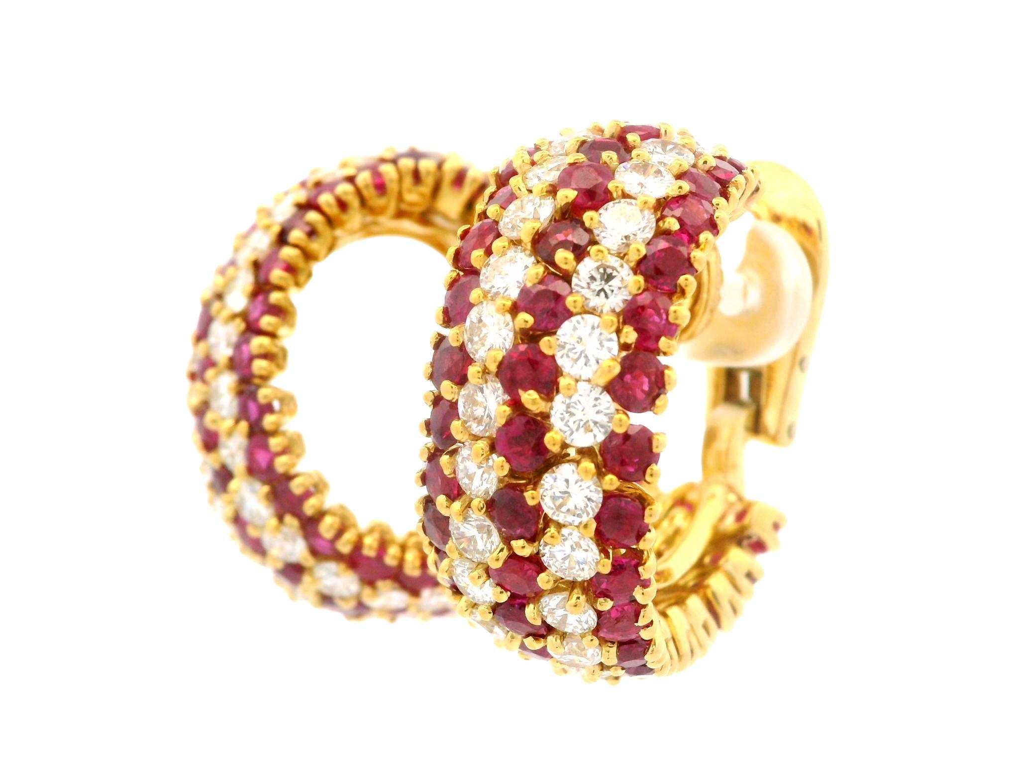 Handmade Vintage 18k Gold 20ctw Ruby & Diamond Substantial Cuff Hoop Earrings For Sale 10