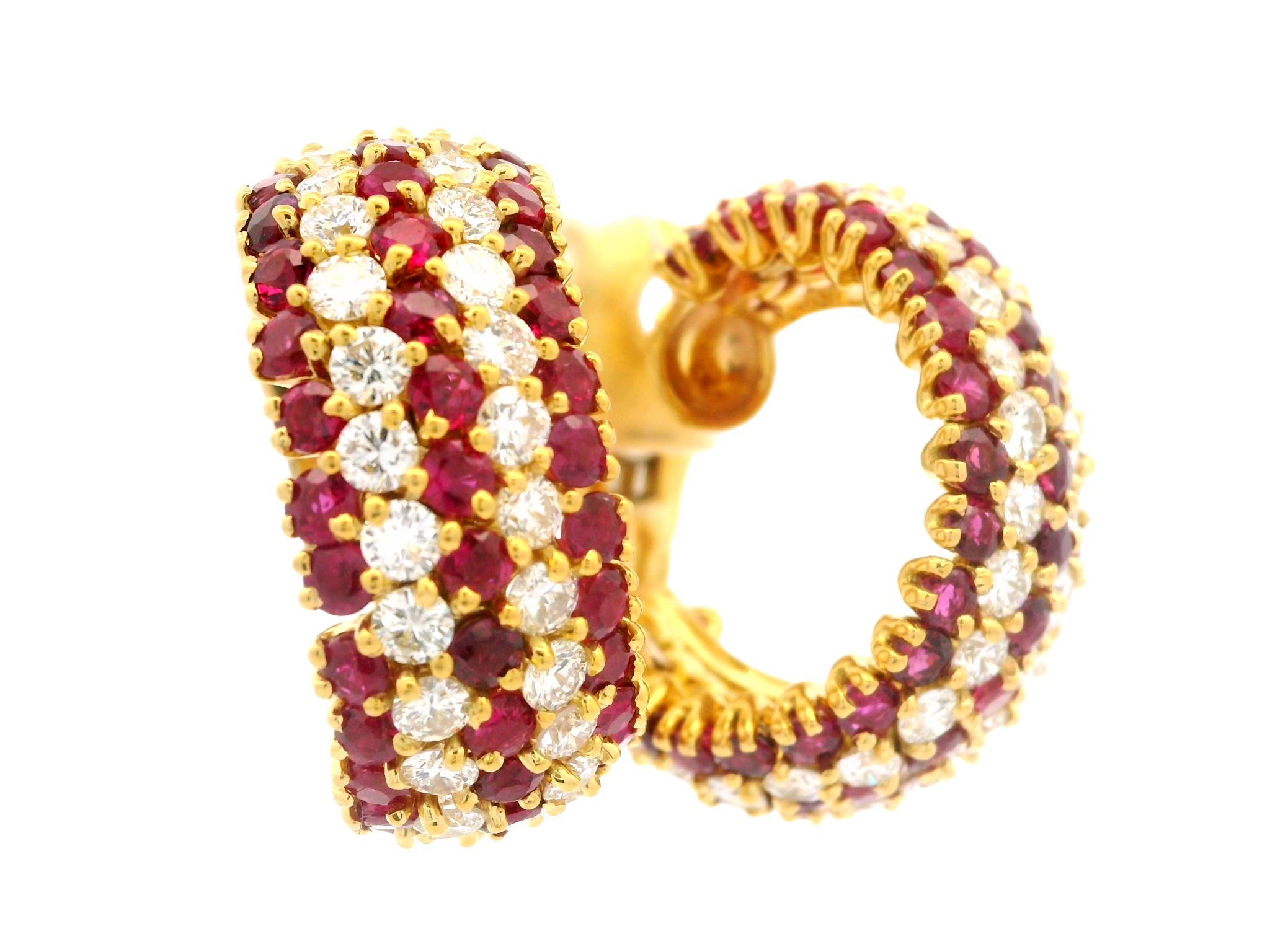 Handmade Vintage 18k Gold 20ctw Ruby & Diamond Substantial Cuff Hoop Earrings For Sale 11