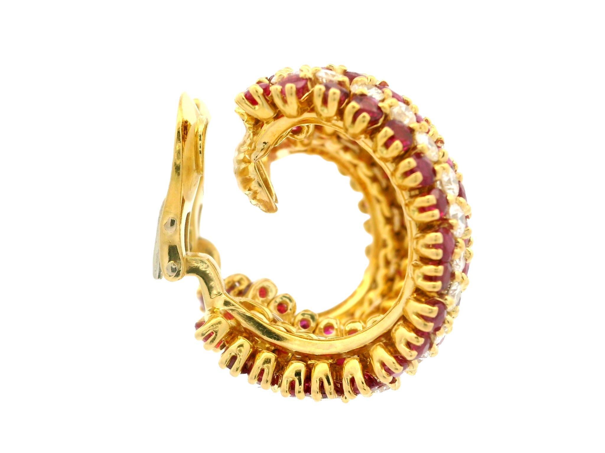 Handmade Vintage 18k Gold 20ctw Ruby & Diamond Substantial Cuff Hoop Earrings For Sale 12