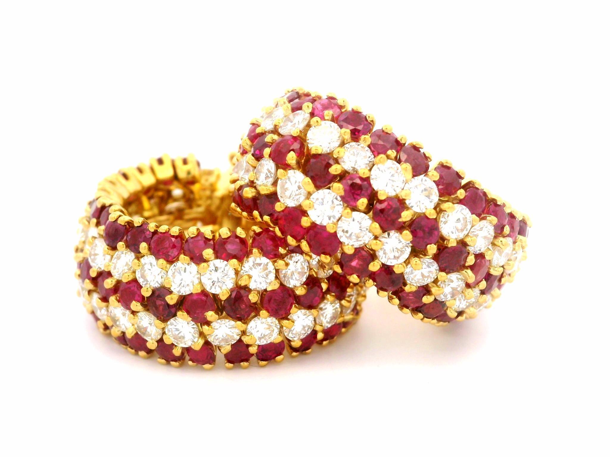 Handmade Vintage 18k Gold 20ctw Ruby & Diamond Substantial Cuff Hoop Earrings For Sale 13