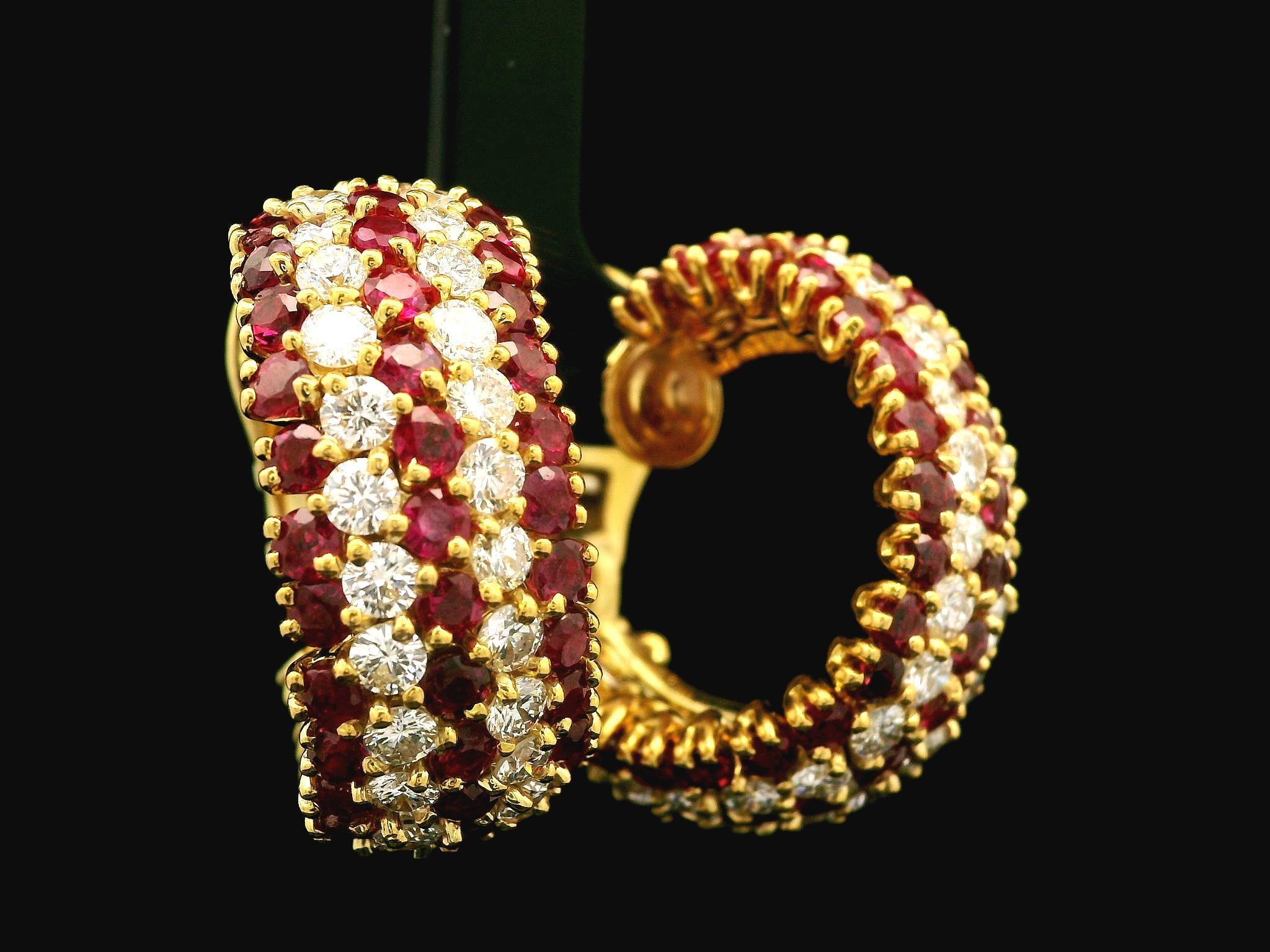 Round Cut Handmade Vintage 18k Gold 20ctw Ruby & Diamond Substantial Cuff Hoop Earrings For Sale