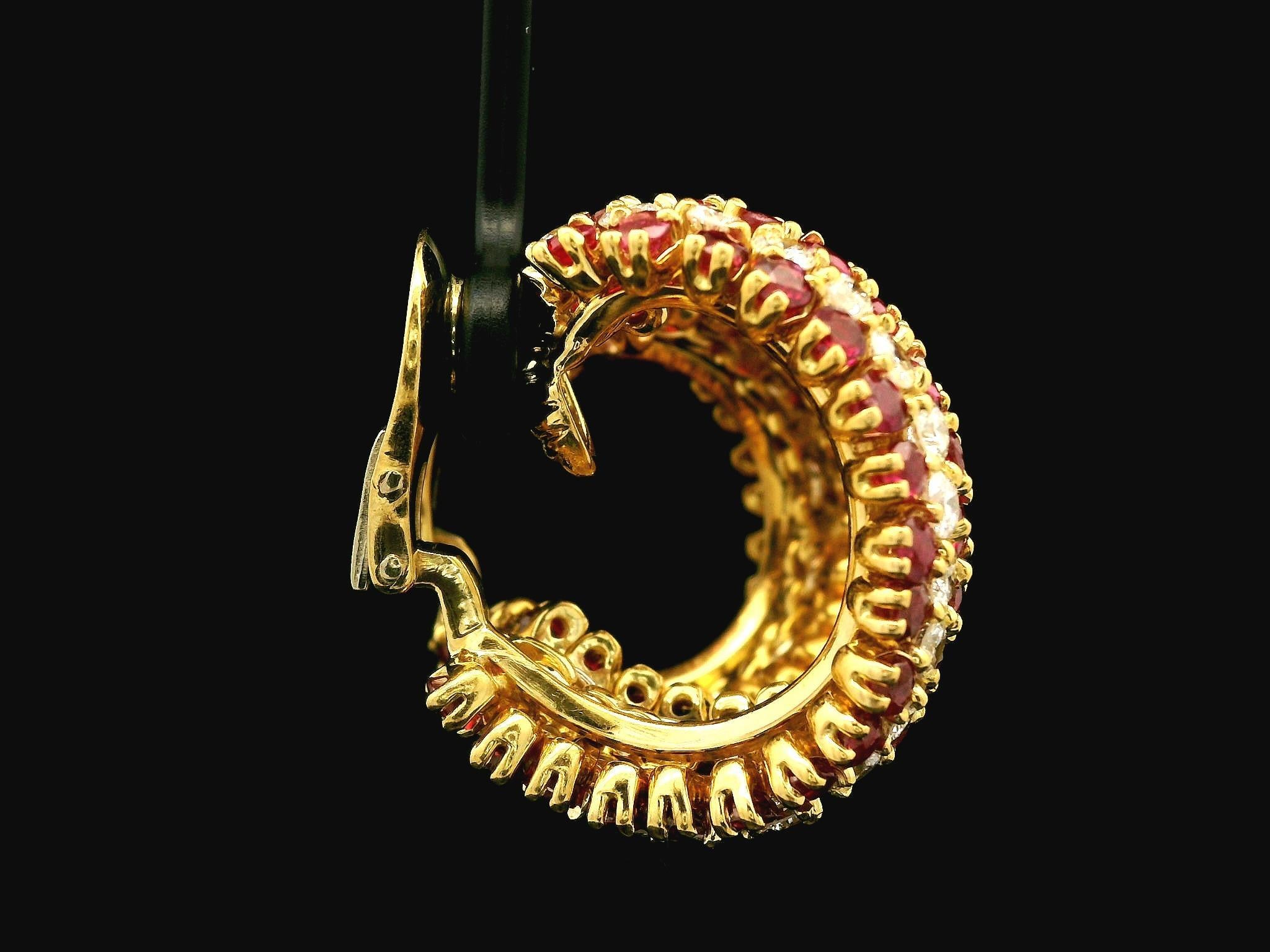 Handmade Vintage 18k Gold 20ctw Ruby & Diamond Substantial Cuff Hoop Earrings In Good Condition For Sale In Montclair, NJ