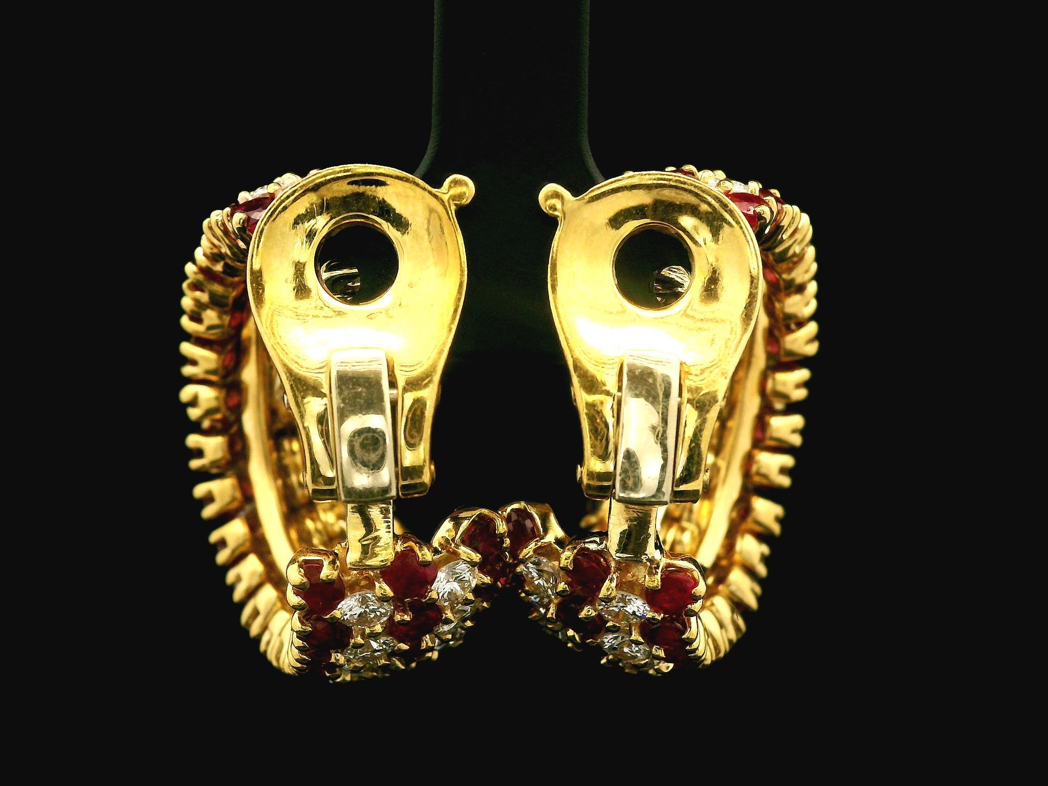 Women's Handmade Vintage 18k Gold 20ctw Ruby & Diamond Substantial Cuff Hoop Earrings For Sale