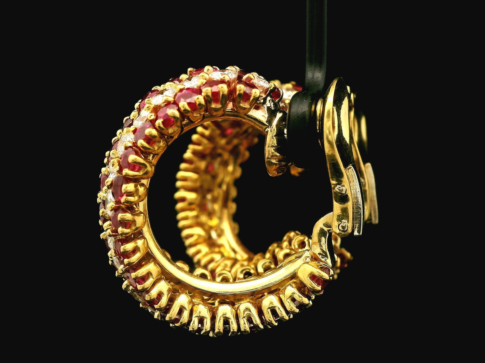 Handmade Vintage 18k Gold 20ctw Ruby & Diamond Substantial Cuff Hoop Earrings For Sale 1