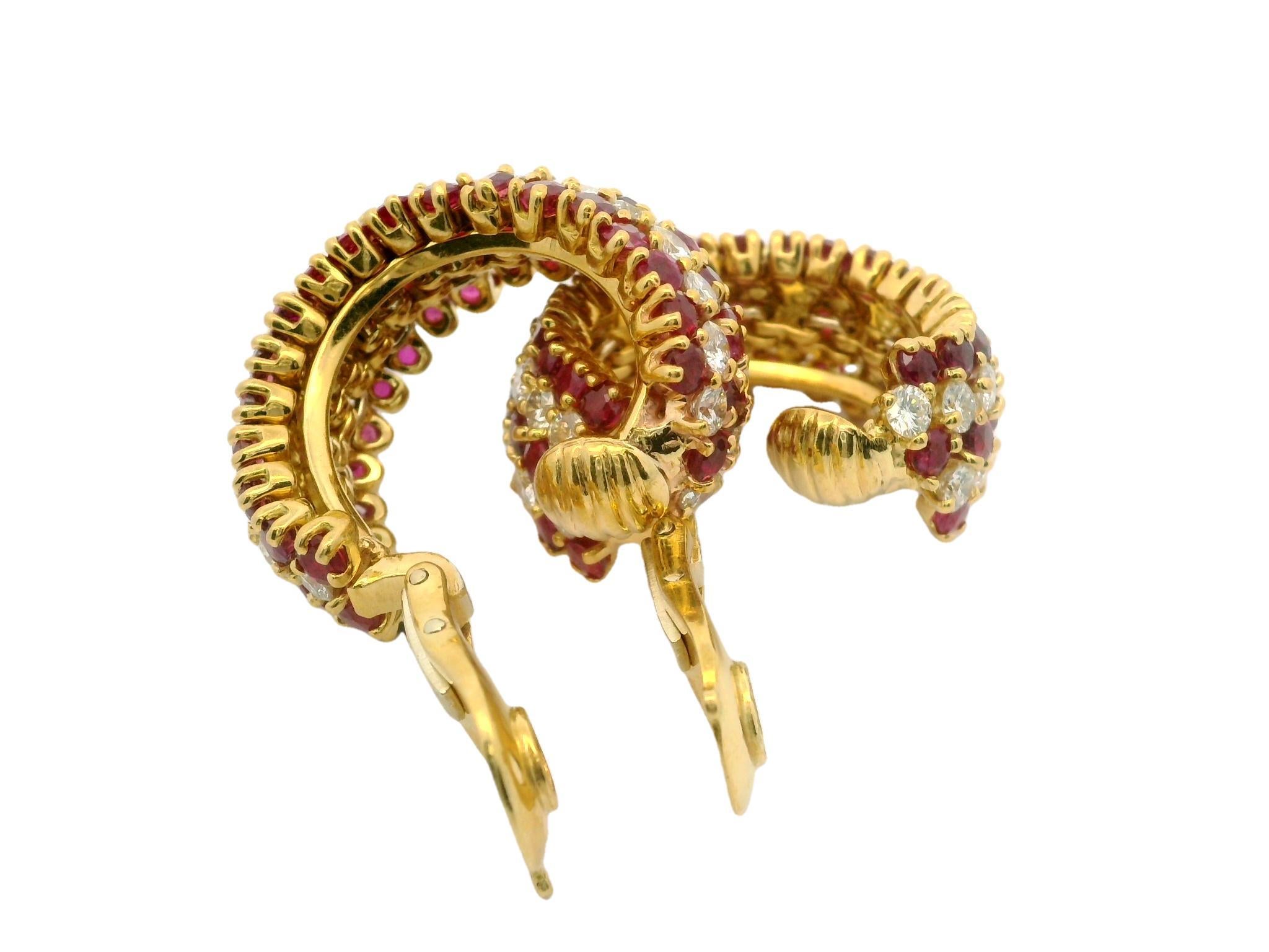 Handmade Vintage 18k Gold 20ctw Ruby & Diamond Substantial Cuff Hoop Earrings For Sale 2