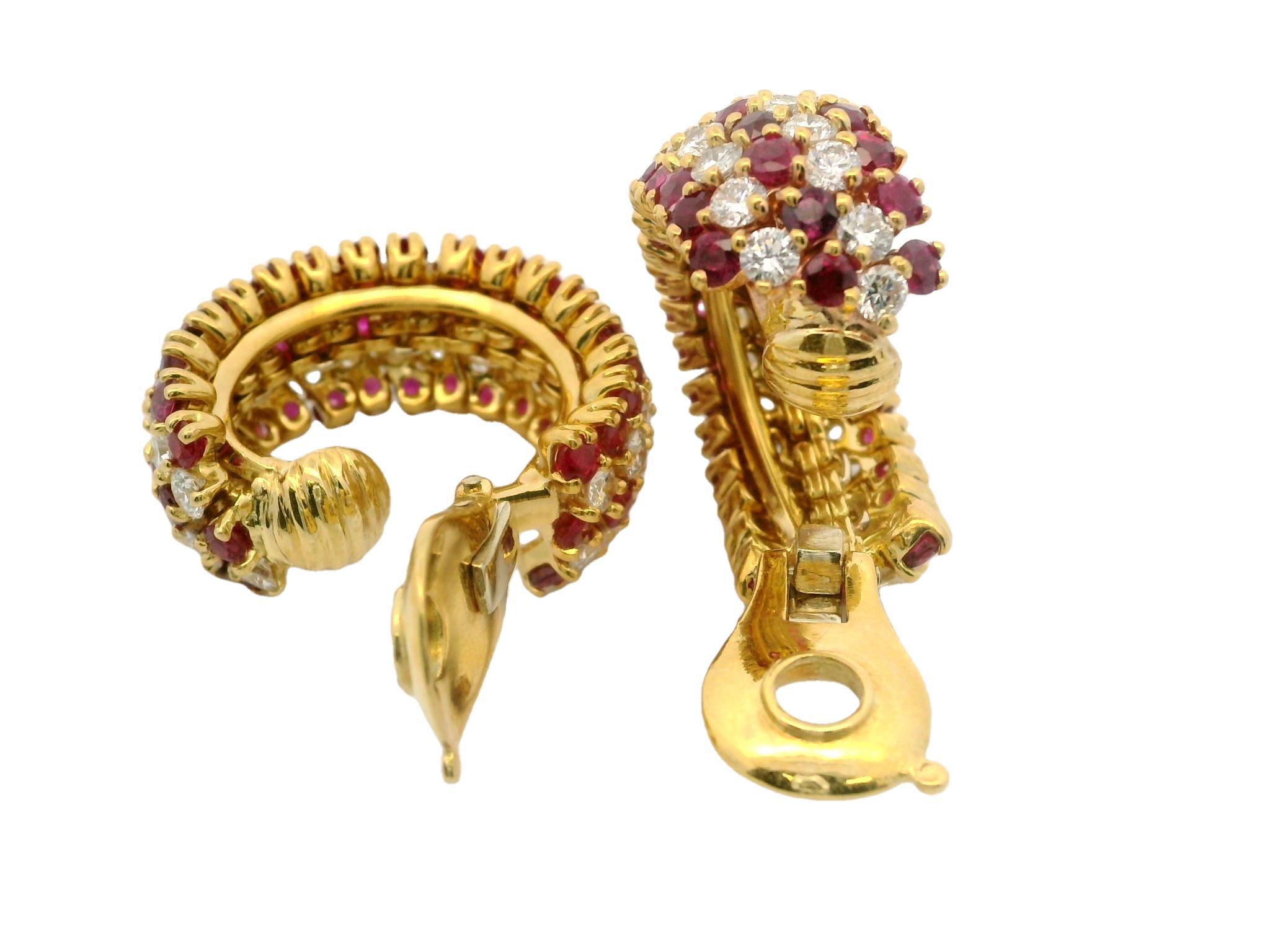 Handmade Vintage 18k Gold 20ctw Ruby & Diamond Substantial Cuff Hoop Earrings For Sale 3