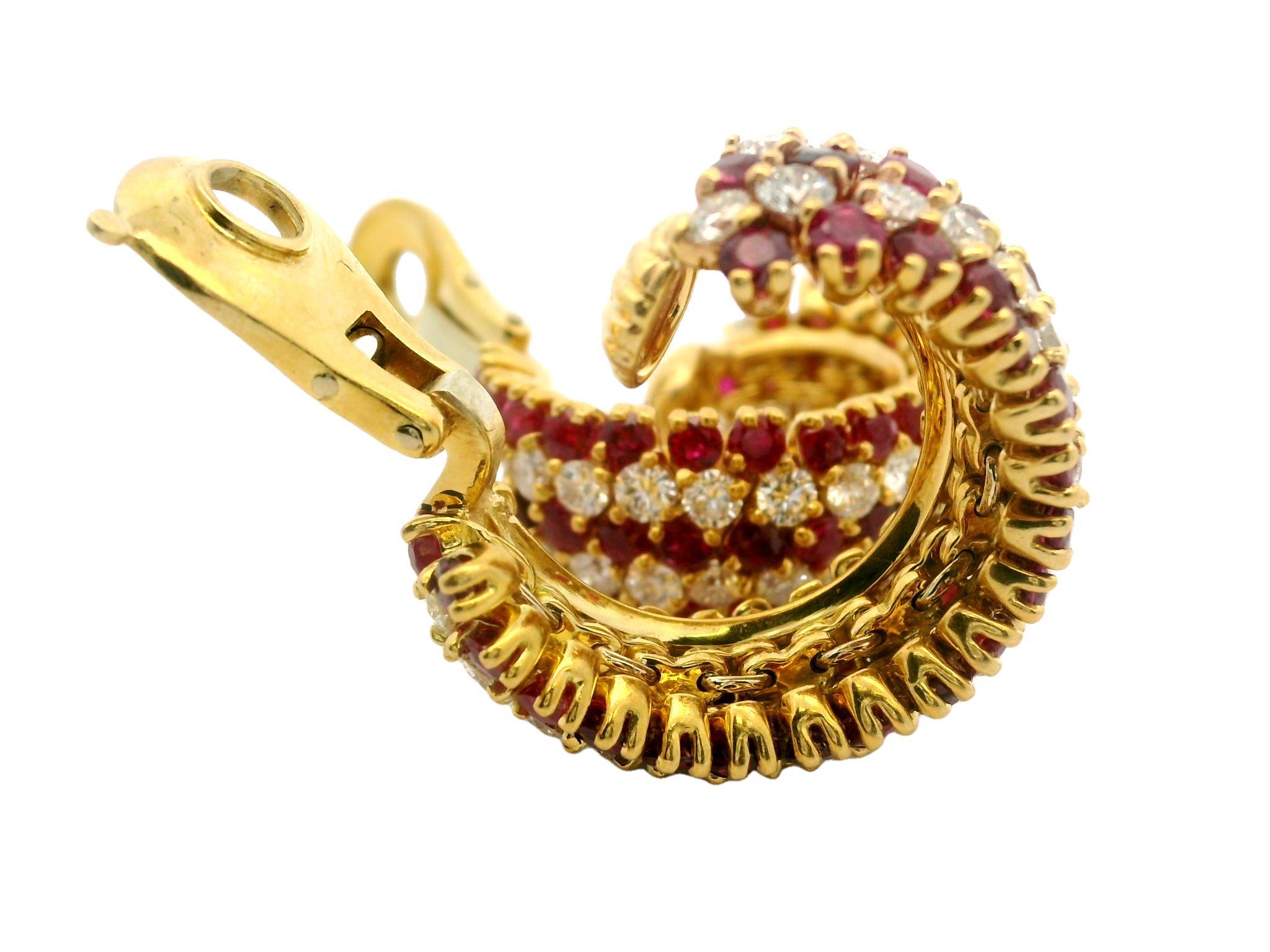Handmade Vintage 18k Gold 20ctw Ruby & Diamond Substantial Cuff Hoop Earrings For Sale 4