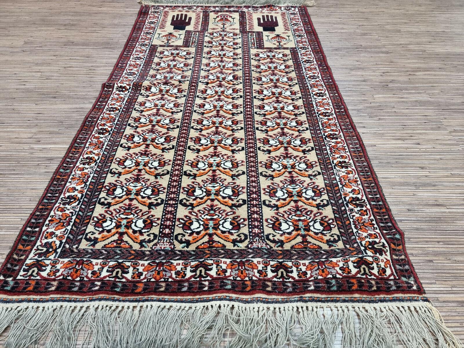 Hand-Knotted Handmade Vintage Afghan Baluch Prayer Rug 2.4' x 4.7', 1960s - 1D93 For Sale