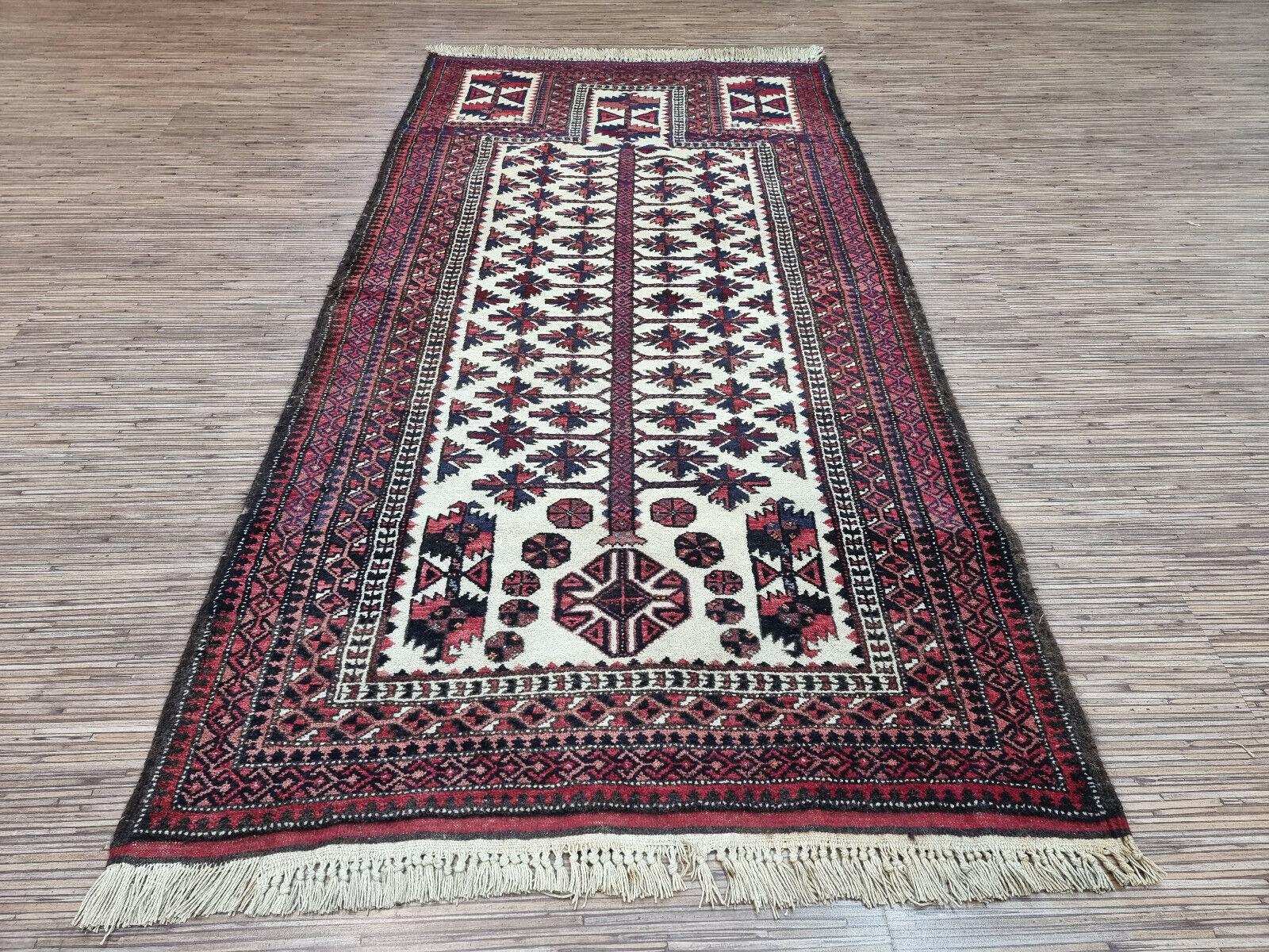 Hand-Knotted Handmade Vintage Afghan Baluch Prayer Rug 2.7' x 5.5', 1950s - 1D90 For Sale