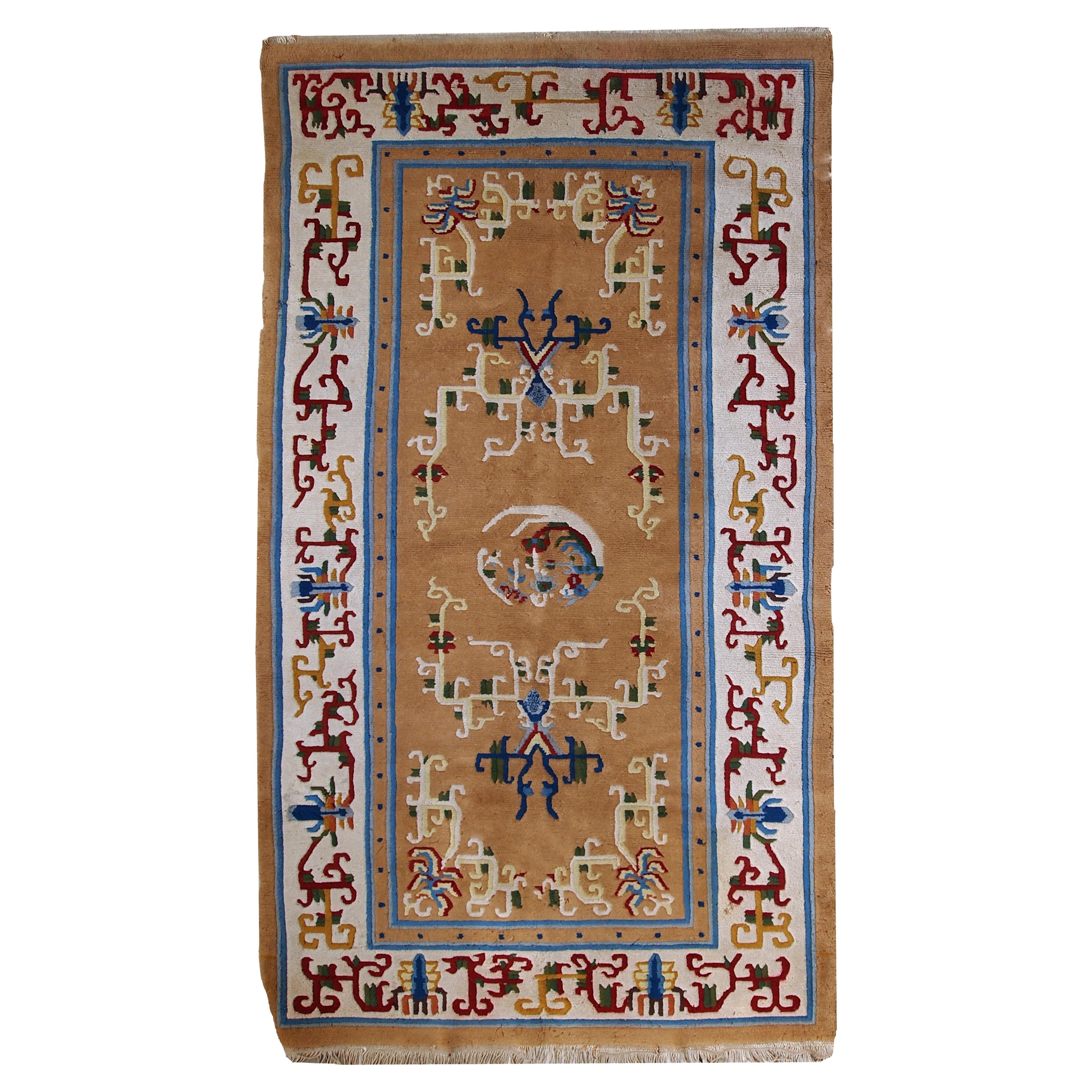 Handmade Vintage Art Deco Chinese Rug, 1960s, 1C429 For Sale