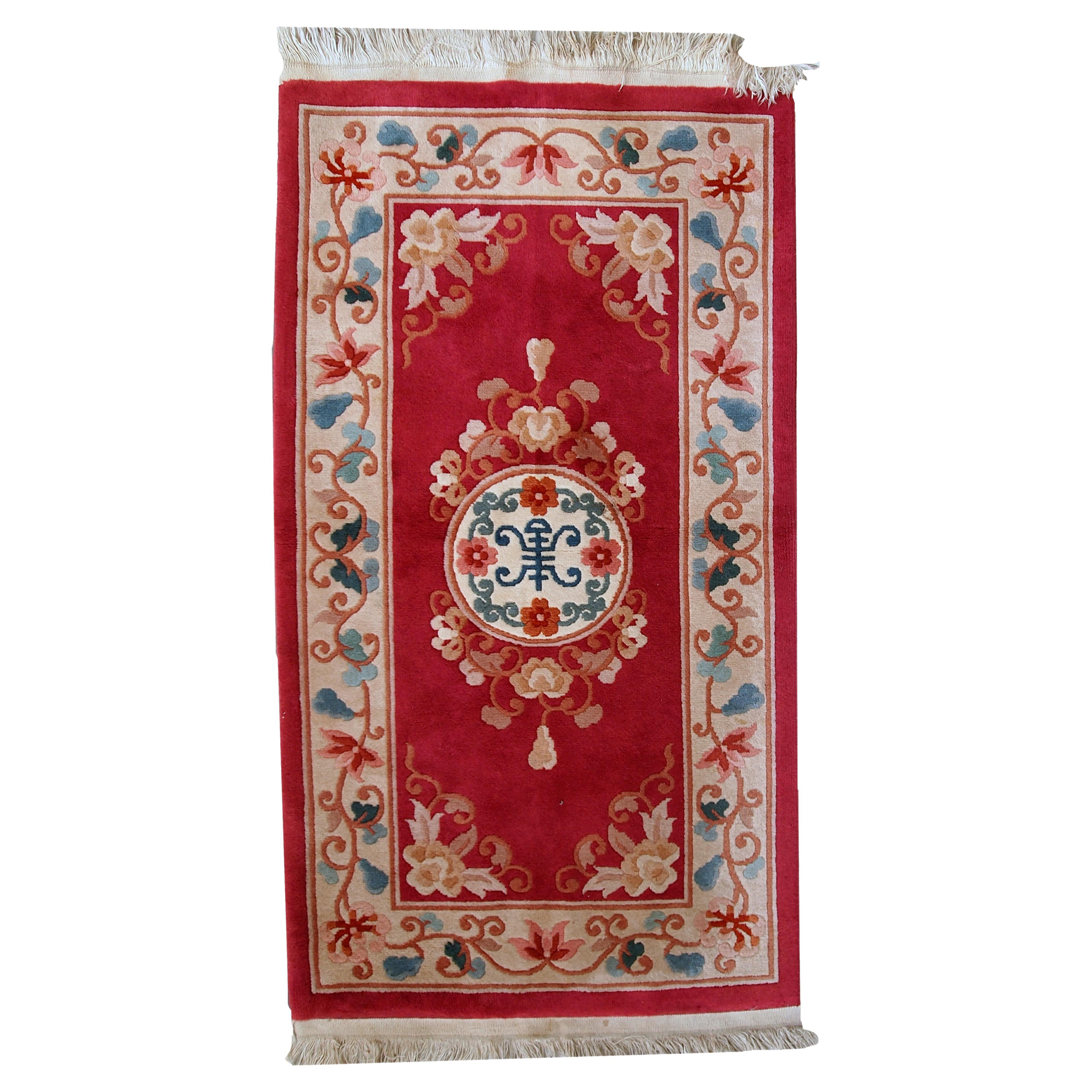Handmade Vintage Art Deco Chinese Rug, 1970s, 1C442 For Sale