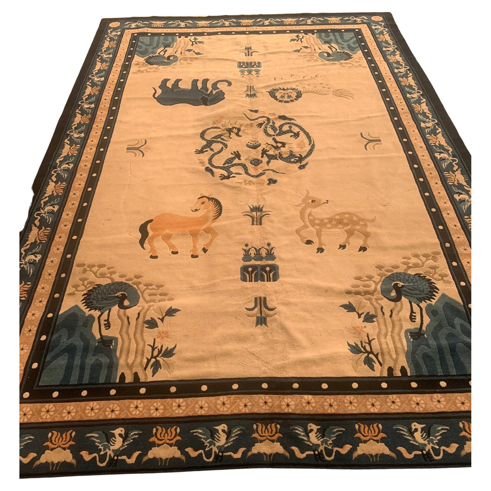 Chinese Rug 1950 Handmade Vintage Art Deco Chinese Rug With Animals 6.6' x 9.5', 1950s ...