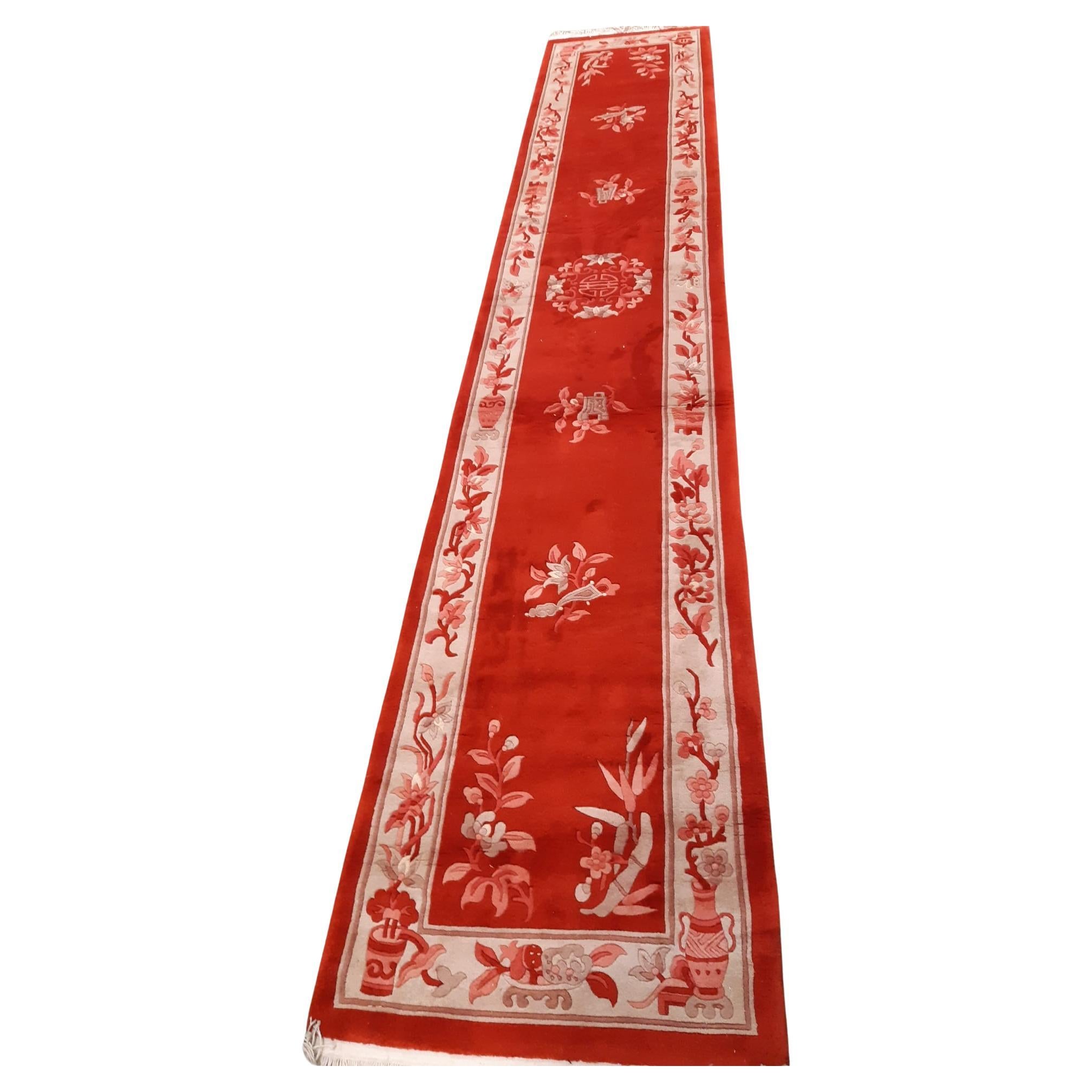 Handmade Vintage Art Deco Chinese Runner Rug 2.3' x 12.8' 1970s - 1C1148