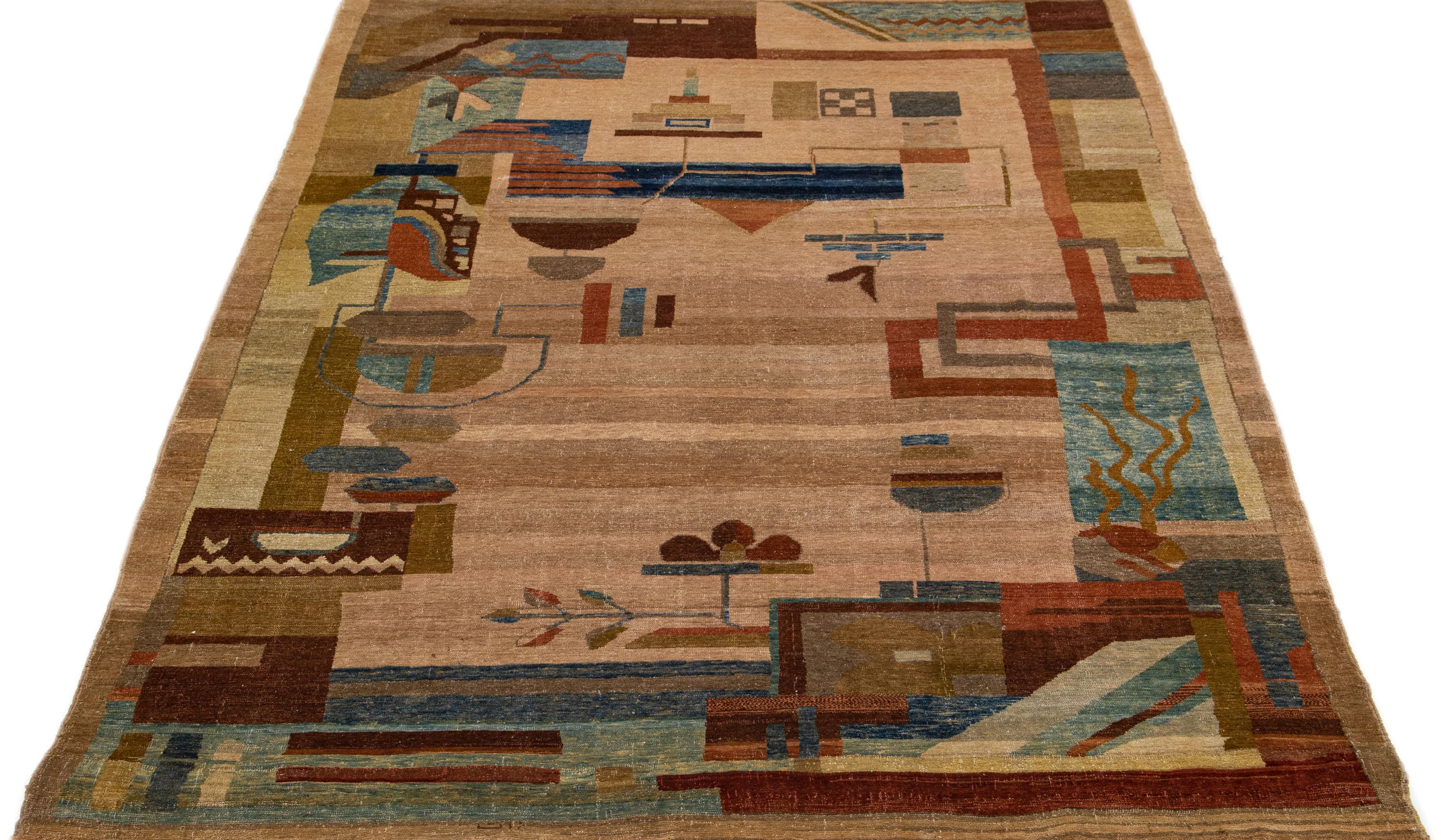 This stunning vintage wool rug, intricately hand-knotted in the Arts & Crafts style, features a warm brown color field with striking blue and rust accents woven into an exquisite Allover pattern design.

This rug measures 7'8