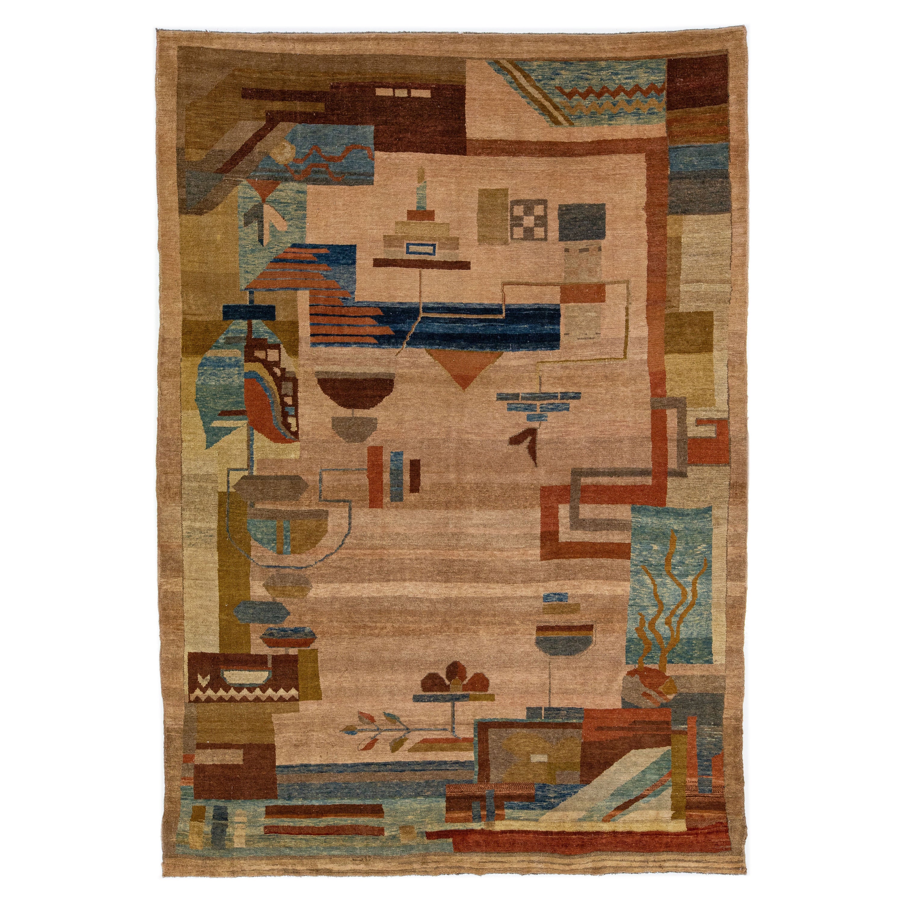 Tappeto fatto a mano in lana marrone con motivo a trifoglio, realizzato in stile Arts & Crafts vintage in vendita