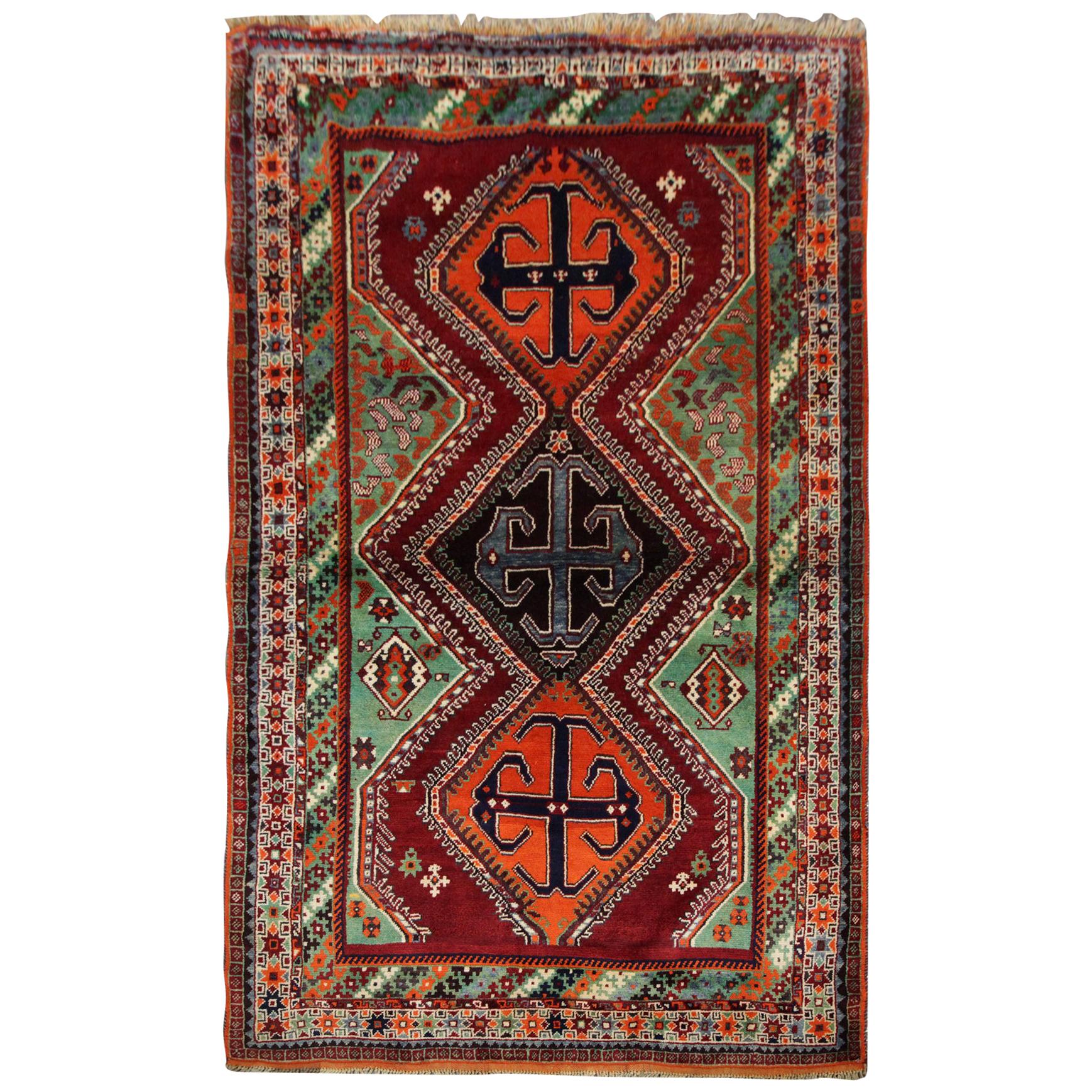 Tapis de salon tribal azerbaïdjanais vintage fait main:: tapis traditionnel en laine