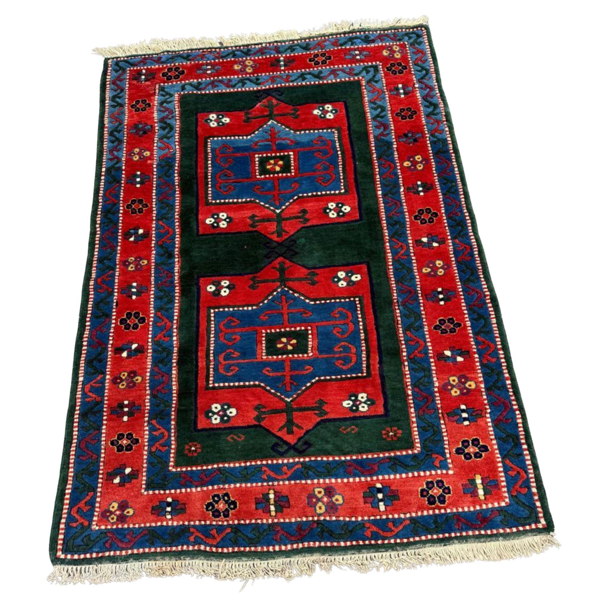 Handmade Vintage Caucasian Kazak Rug 3.7' x 5.9', 1940s - 2B108