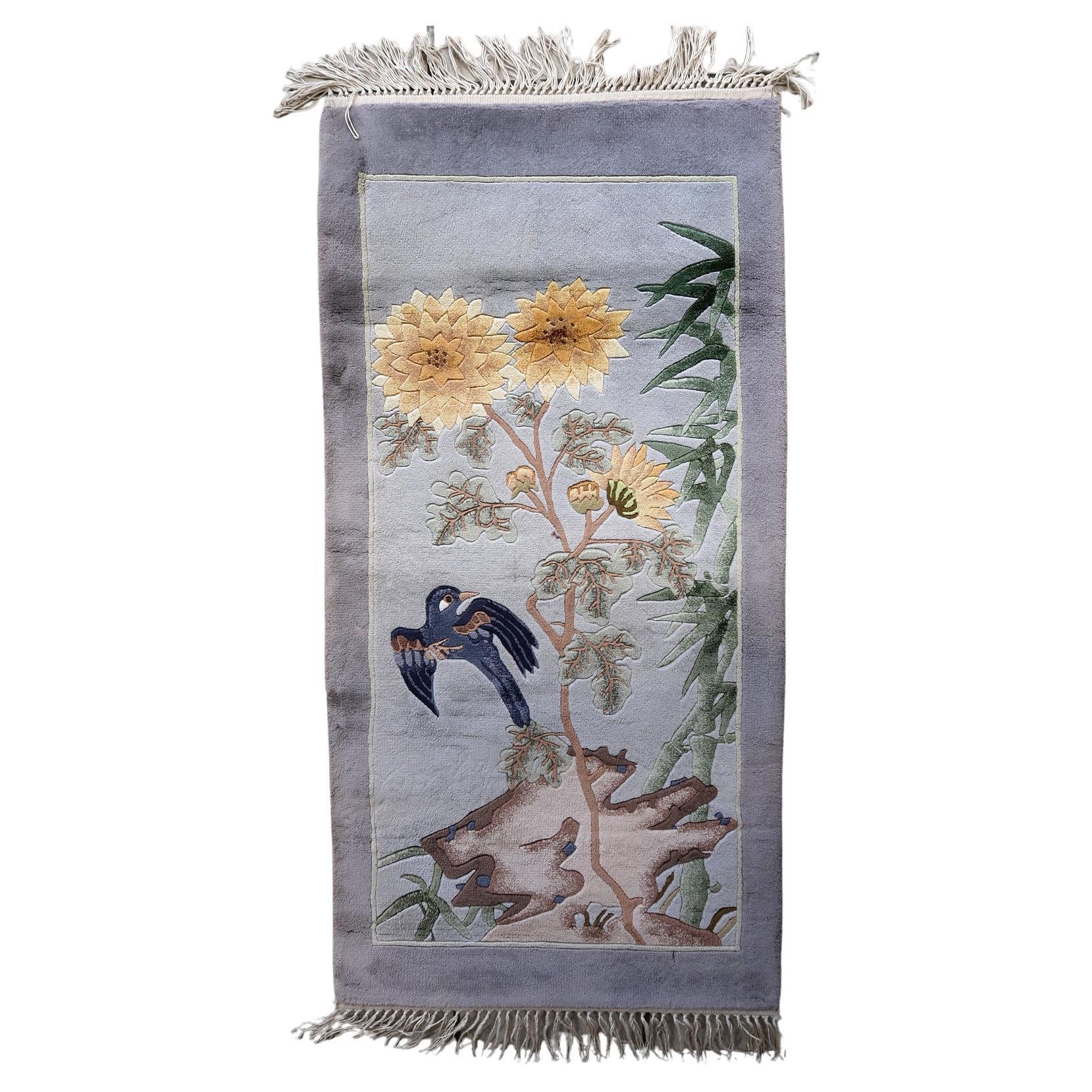 Handmade Vintage Chinese Art Deco Silk Rug 1.4' x 3', 1970s - 1C1130