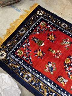 Handmade Vintage Chinese Art Deco Silk Rug Red Field Floral 4.2 x 7.1 ft -1B993