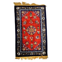 Handmade Vintage Chinese Art Deco Silk Rug Red Field Floral 4.2 x 7.1 ft -1B993