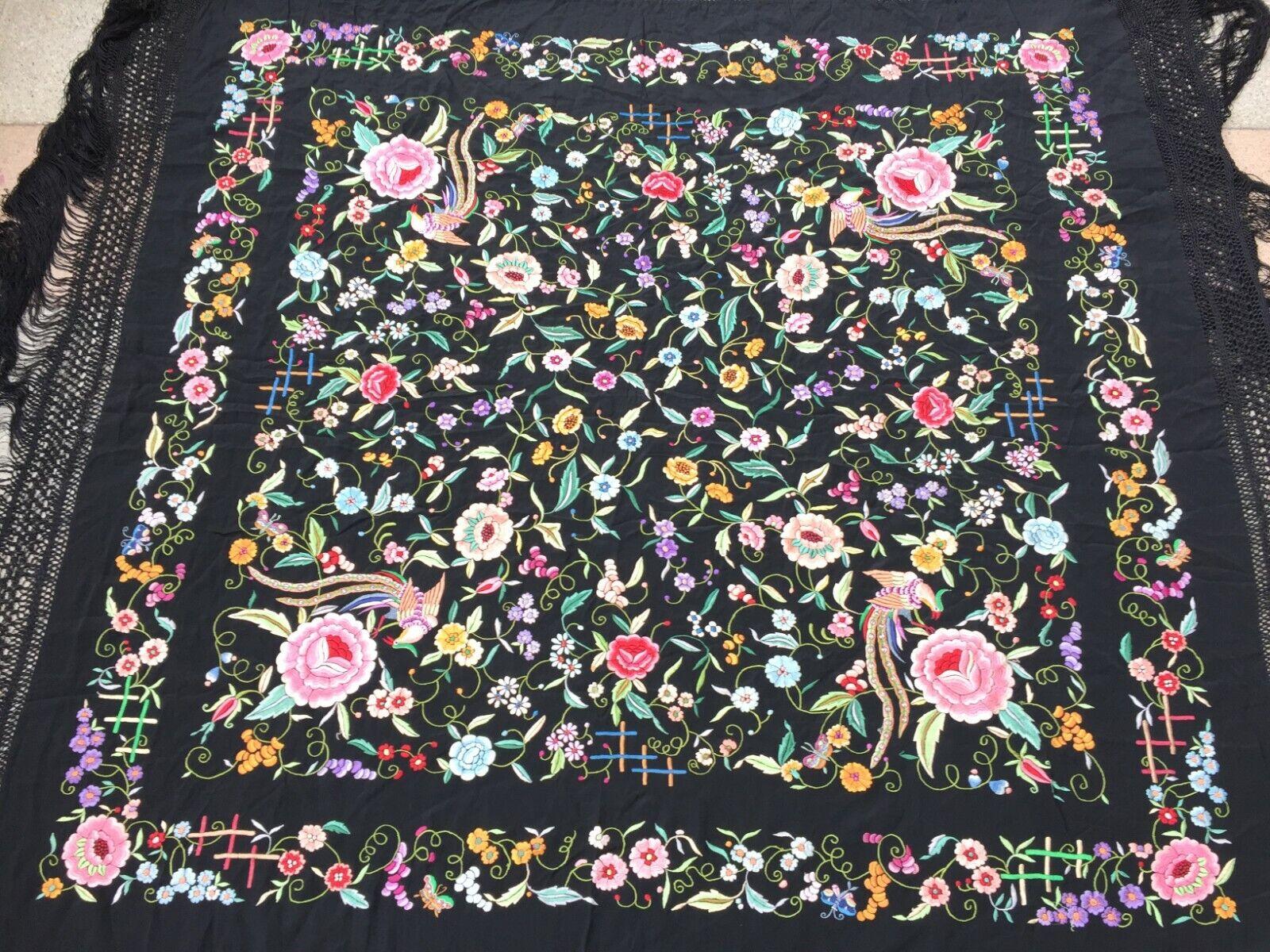 Scialle di seta cinese vintage fatto a mano 5,2' x 5,3', anni '50 - 1W03 in vendita 5