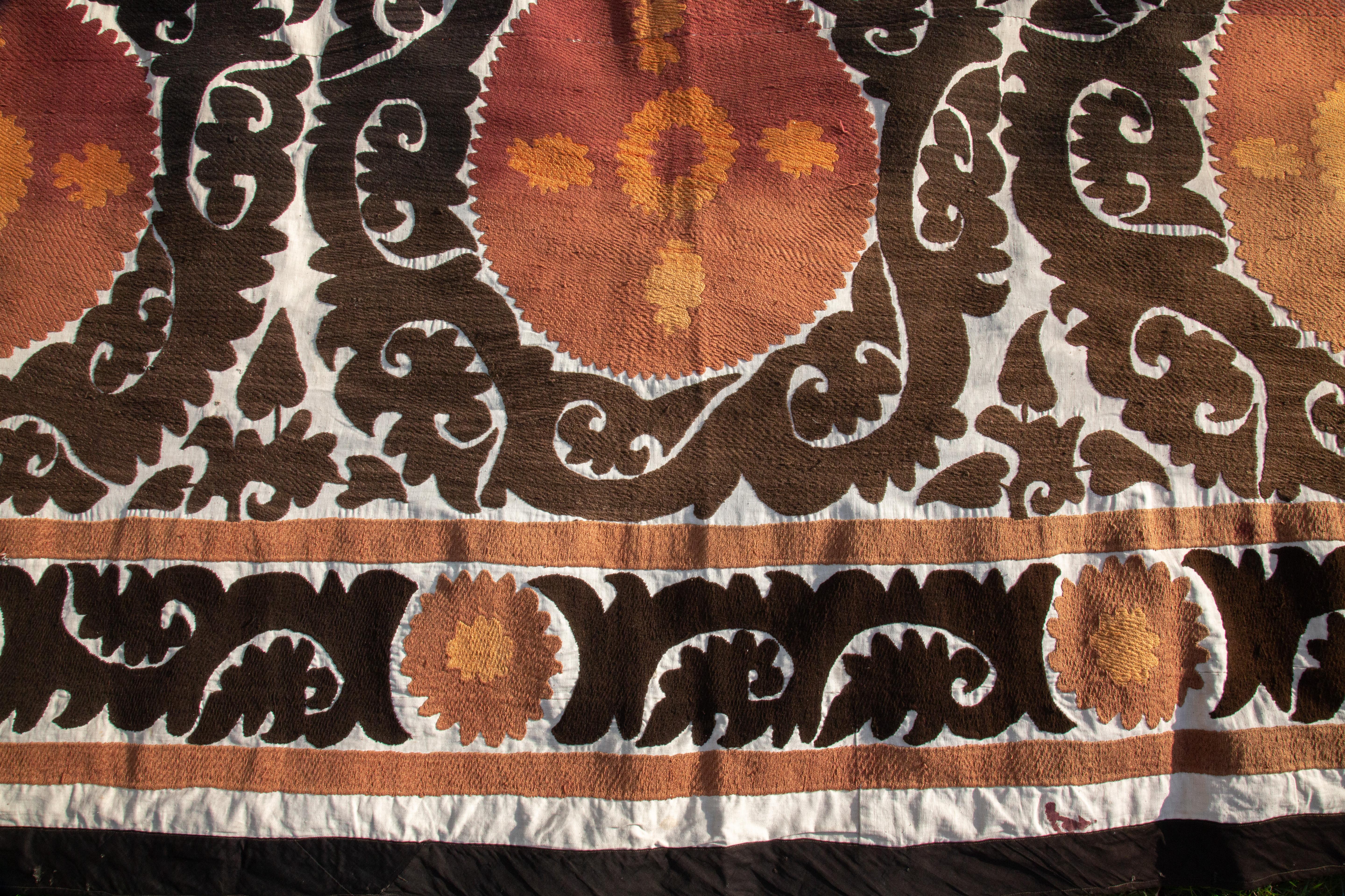 Handmade Vintage Cotton Suzani, Orange, and Charcoal In Good Condition For Sale In New York, NY