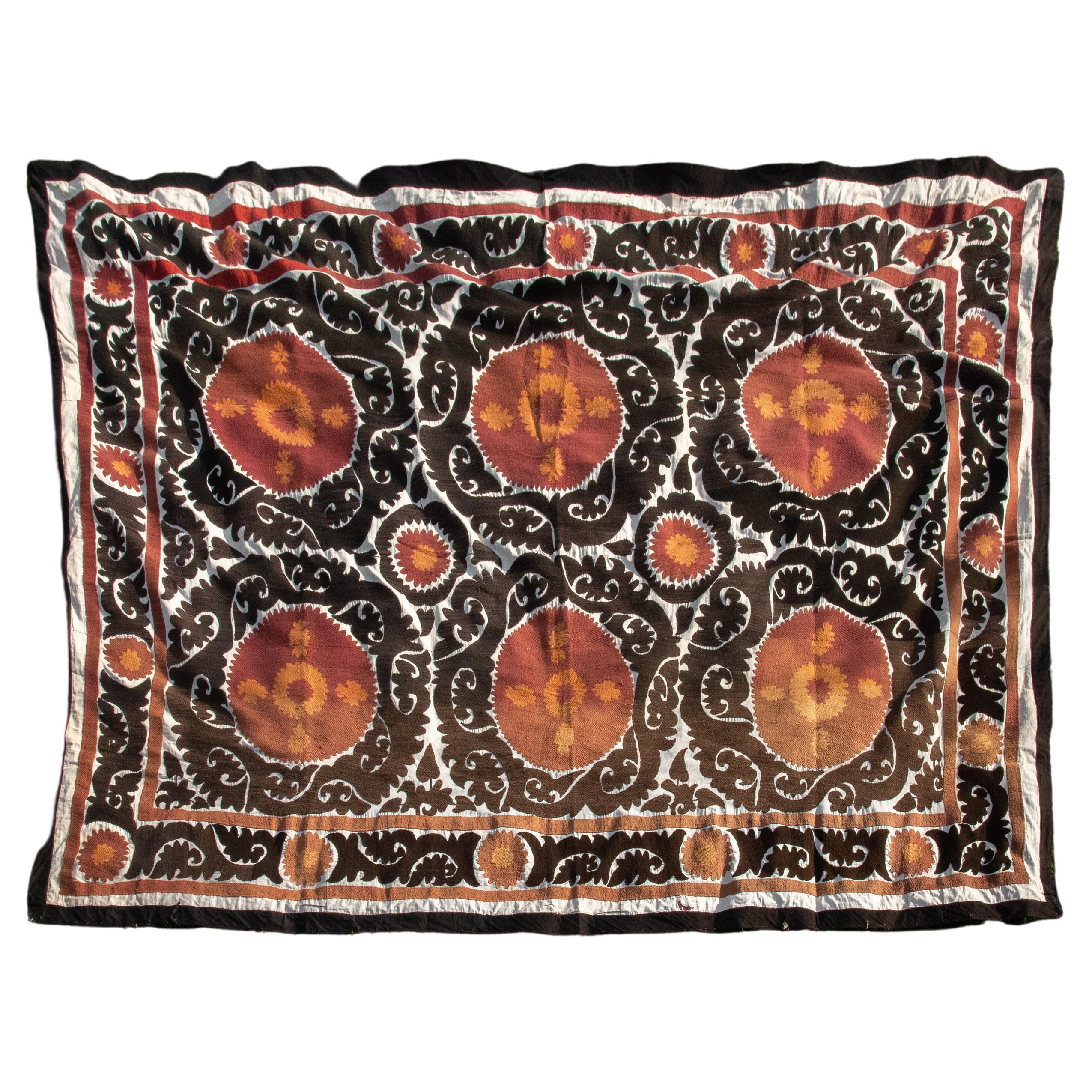 Handmade Vintage Cotton Suzani, Orange, and Charcoal For Sale