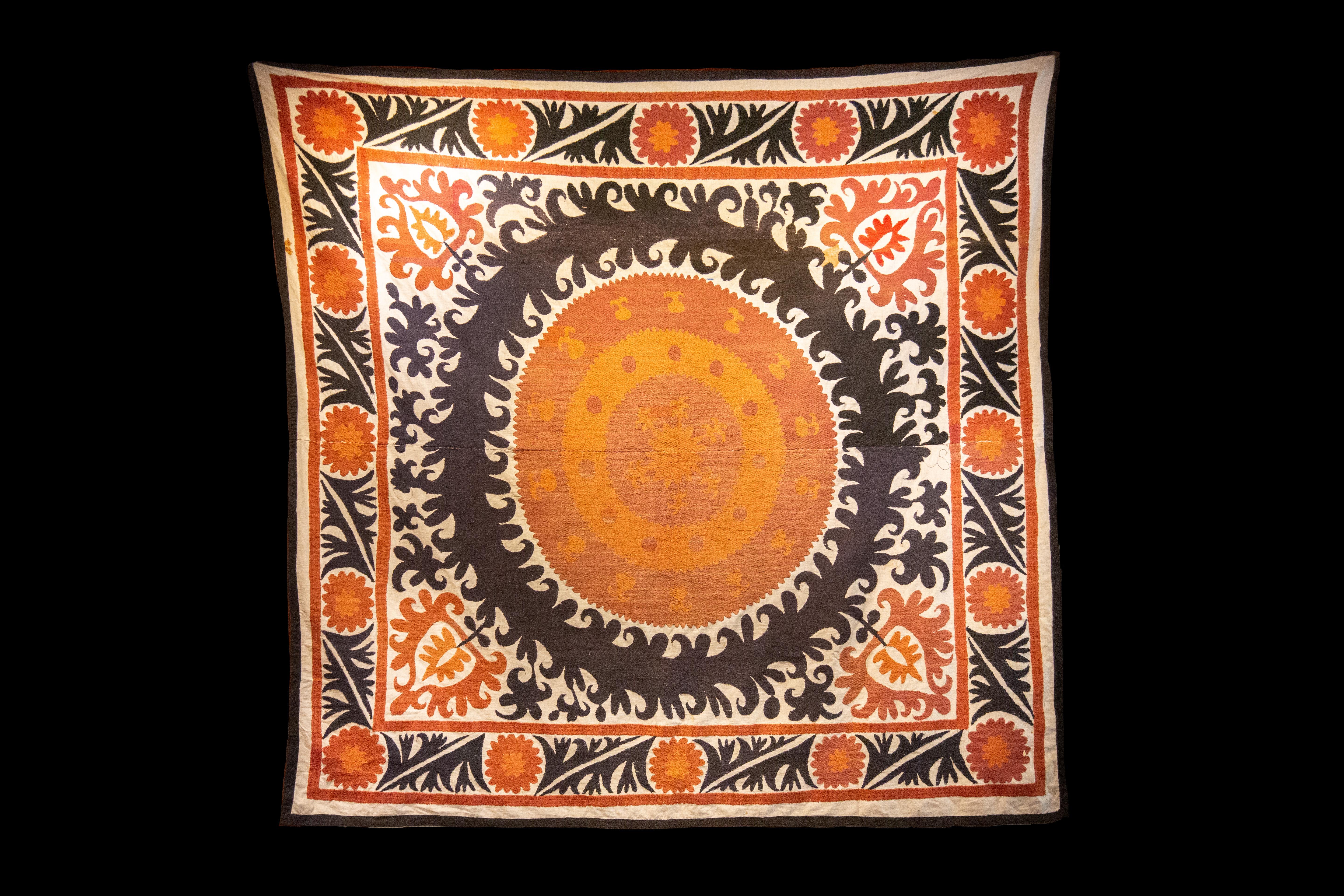 Handmade Vintage Cotton Suzani, Orange, Charcoal and Red geometric designs.

Measures: 66