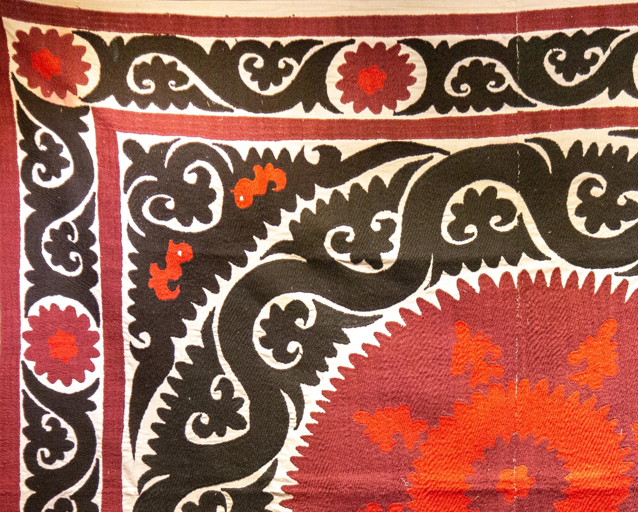 Handmade Vintage Cotton Suzani, Red, and Charcoal In Good Condition For Sale In New York, NY