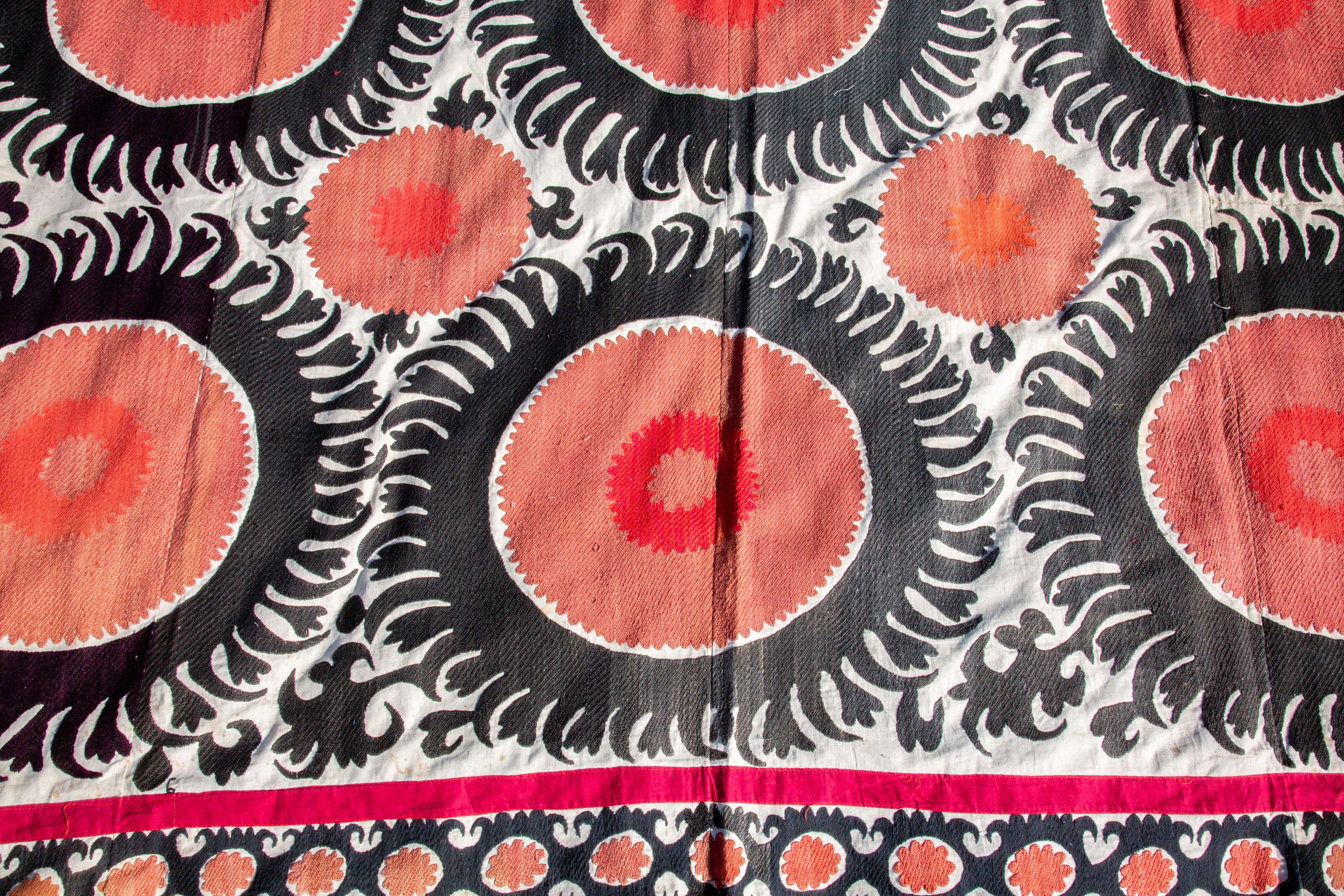 Handmade Vintage Cotton Suzani, Red, and Charcoal 2