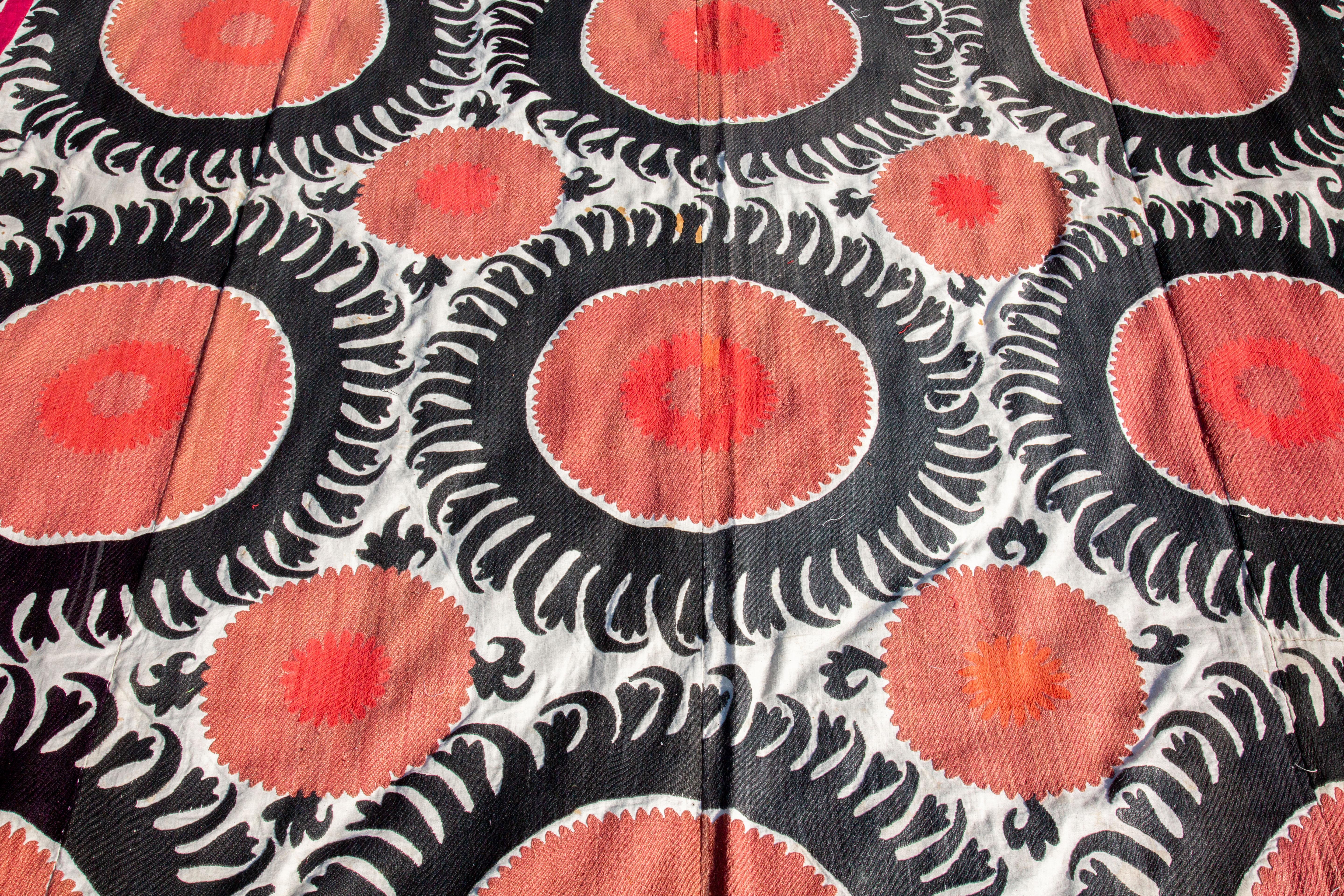 Handmade Vintage Cotton Suzani, Red, and Charcoal 3