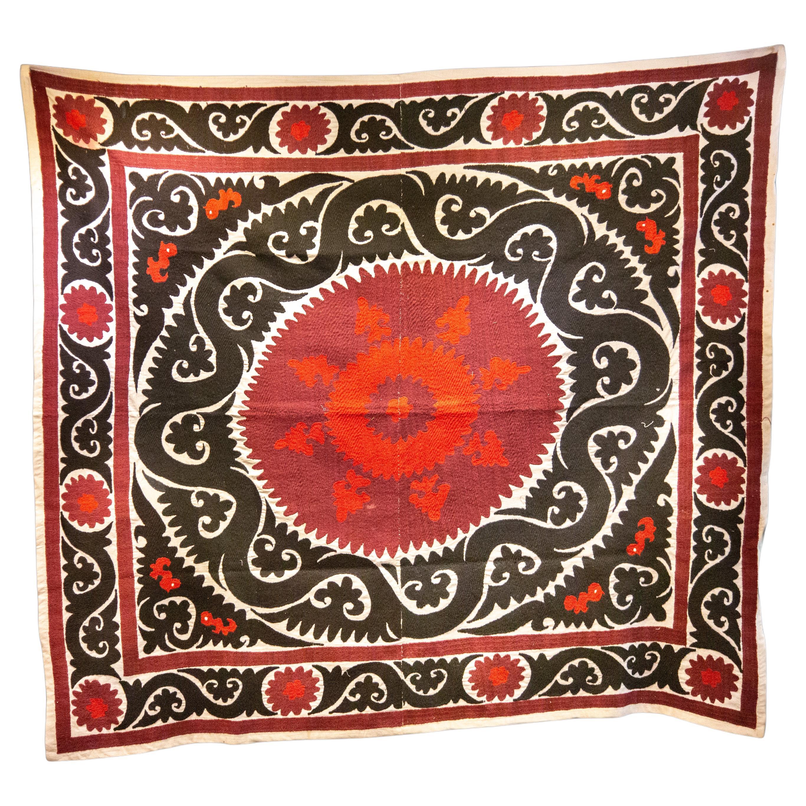 Handmade Vintage Cotton Suzani, Red, and Charcoal For Sale