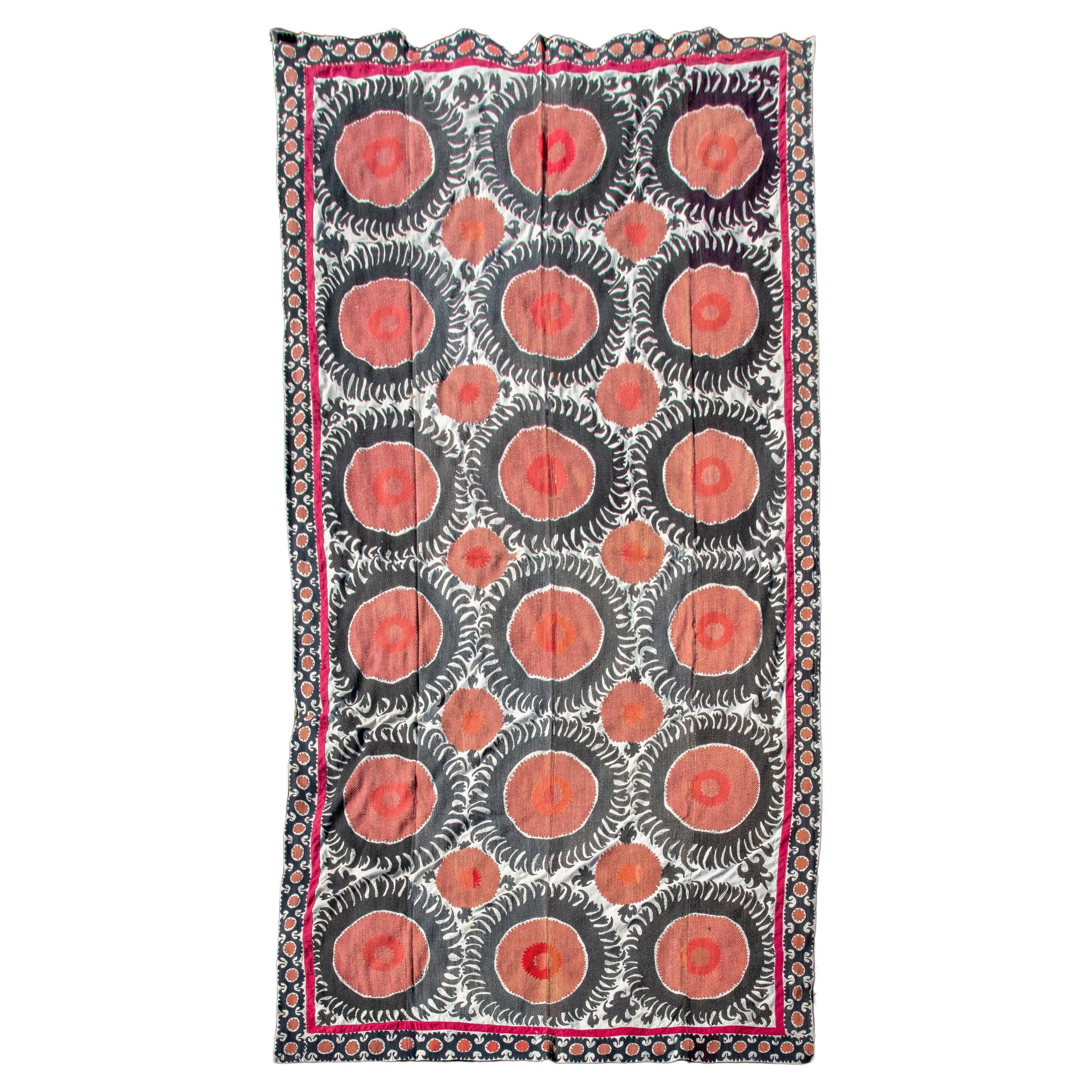 Handmade Vintage Cotton Suzani, Red, and Charcoal