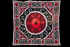 Handmade Vintage Cotton Suzani, Red, Charcoal, and Black