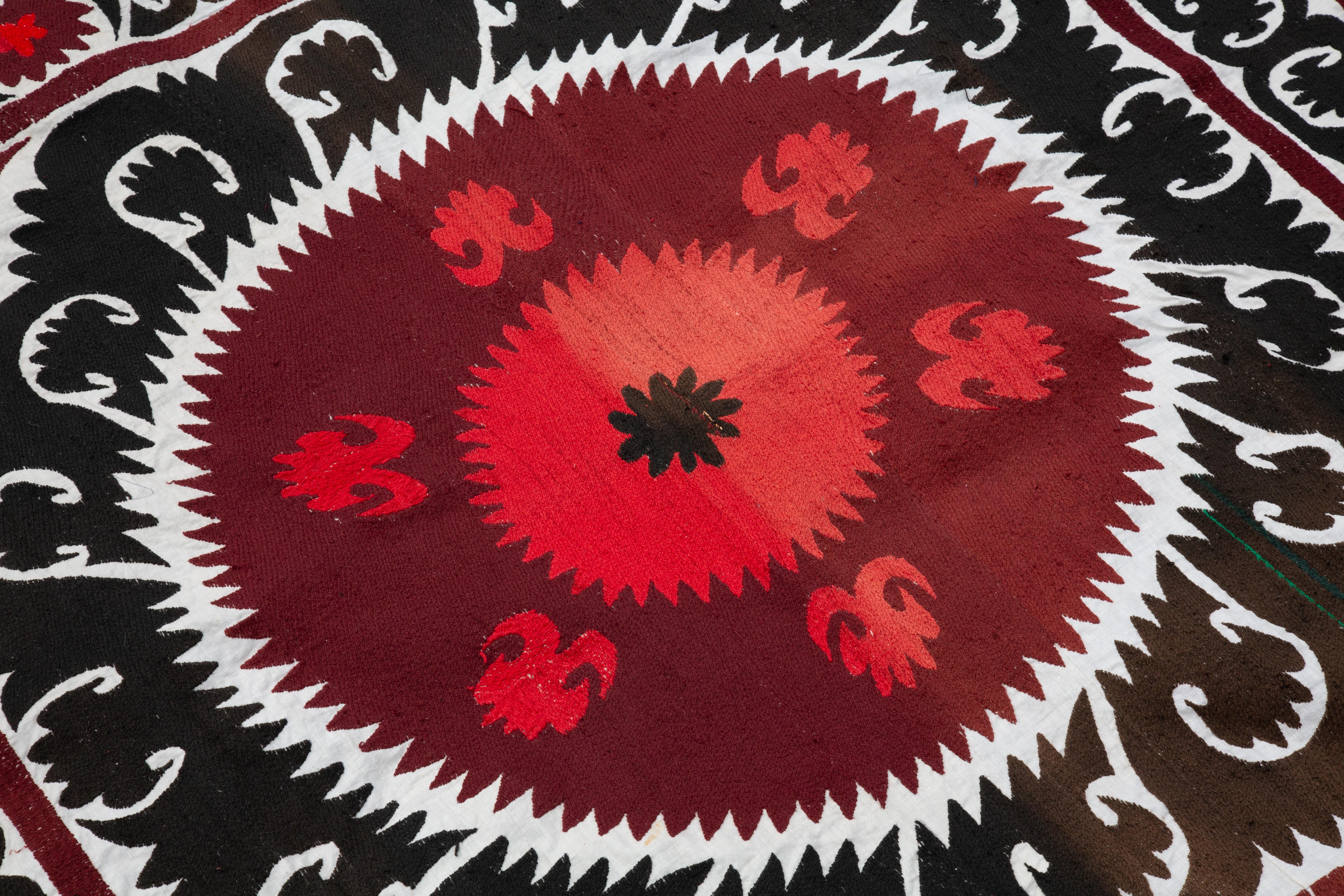 Handmade Vintage Cotton Suzani, Red, Charcoal, and Black In Good Condition For Sale In New York, NY