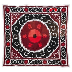 Handmade Vintage Cotton Suzani, Red, Charcoal, and Black