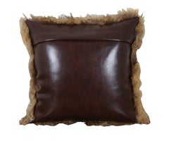 Handmade Vintage Coyote Fur & Brown Leather Kapok Fill Accent Throw Pillow 13"
