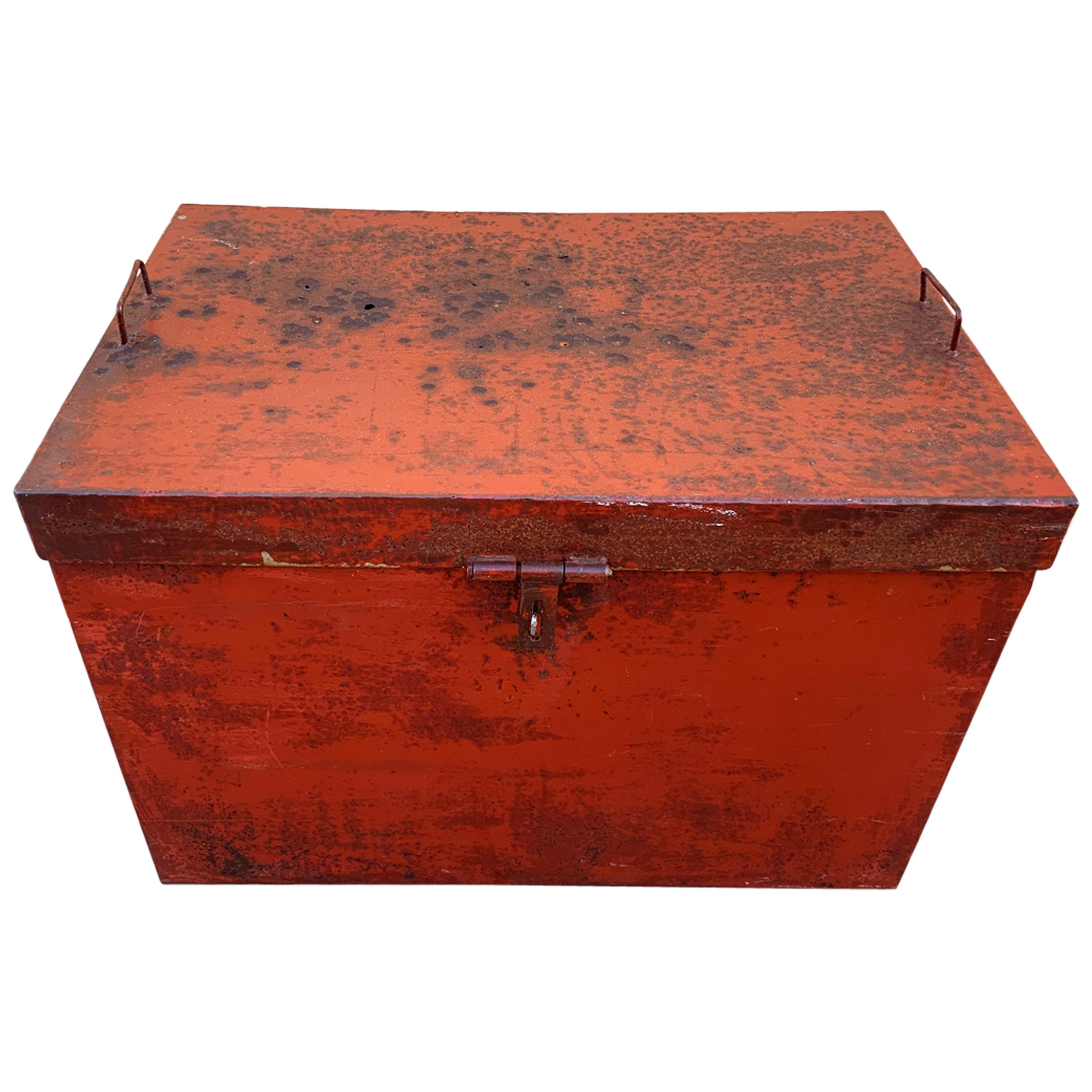 Handmade Vintage Craftsman Metal Storage Box with Distressed Patina For Sale