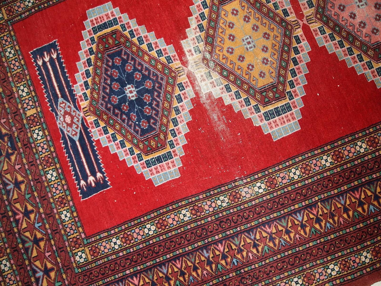 Mid-20th Century Handmade Vintage Distressed Uzbek Bukhara Rug, 1960s, 1C615 For Sale