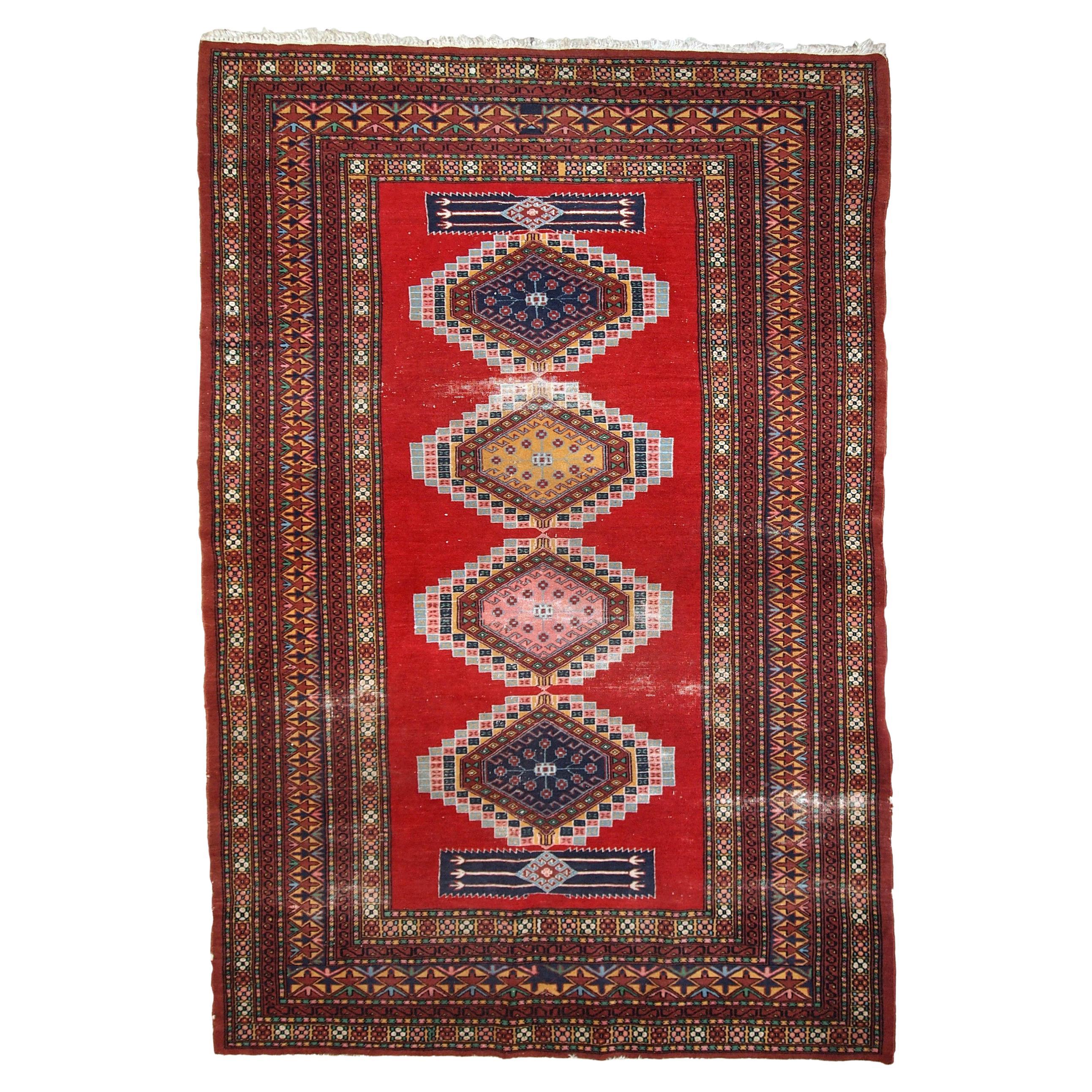 Handmade Vintage Distressed Uzbek Bukhara Rug, 1960s, 1C615 For Sale