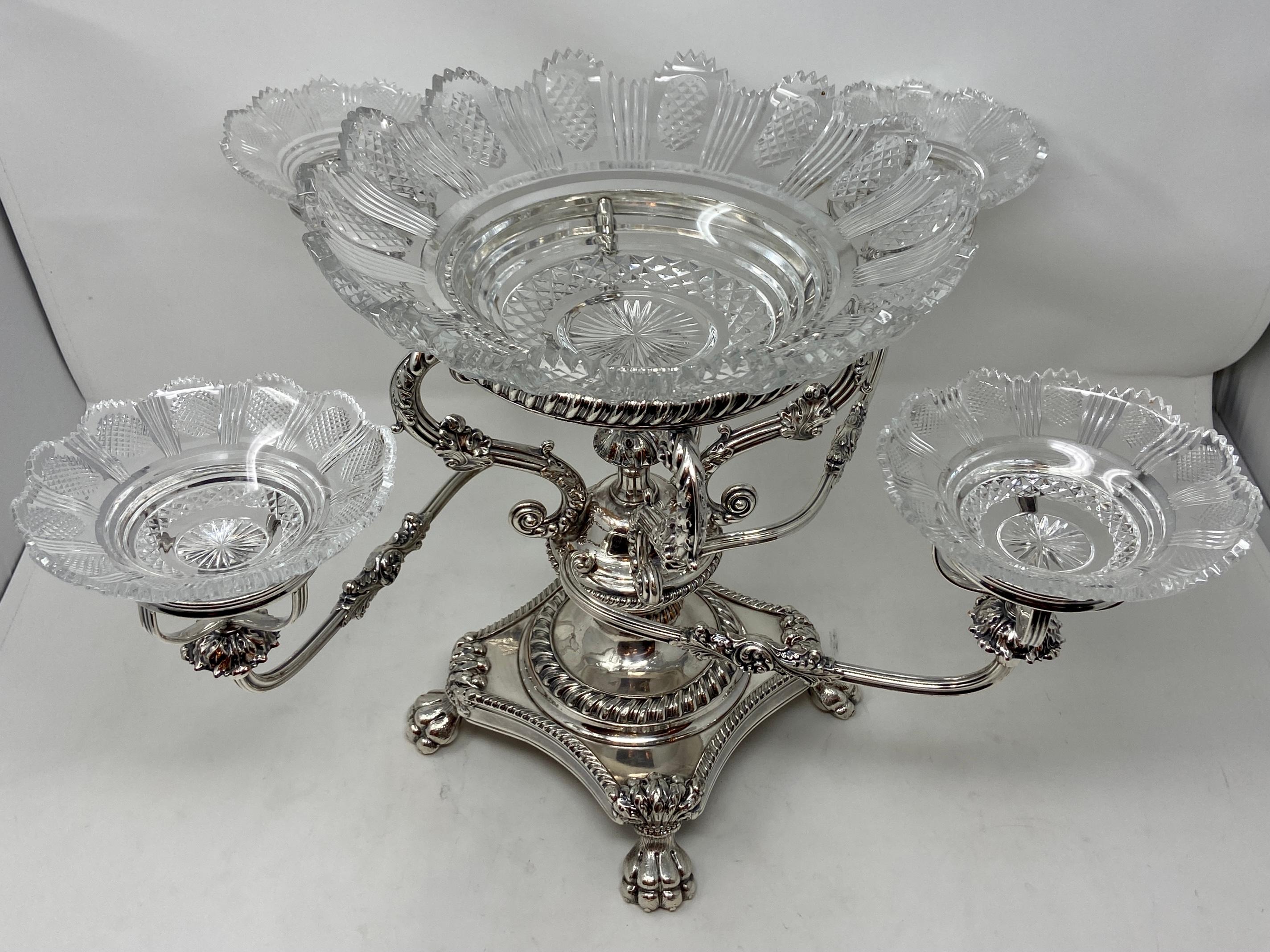 Handmade vintage English Georgian style silver-plate and cut crystal Epergne centerpiece.