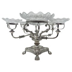 Handmade Vintage English Georgian Silver-Plate & Cut Crystal Epergne Centerpiece