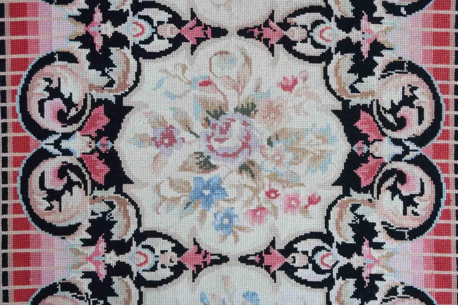 Handmade vintage English needlepoint in floral design. This needlepoint is from the end of 20th century in original good condition.

-condition: original good,

-circa: 1970s,

-size: 2.8' x 4.7' (88cm x 145cm),

-material: wool,

-country of