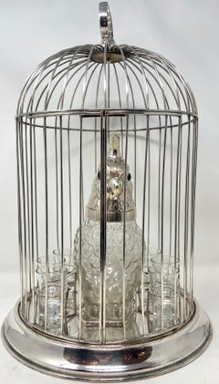 Handmade Vintage English Silver-Plate & Cut Glass 10 Piece Birdcage Decanter Set